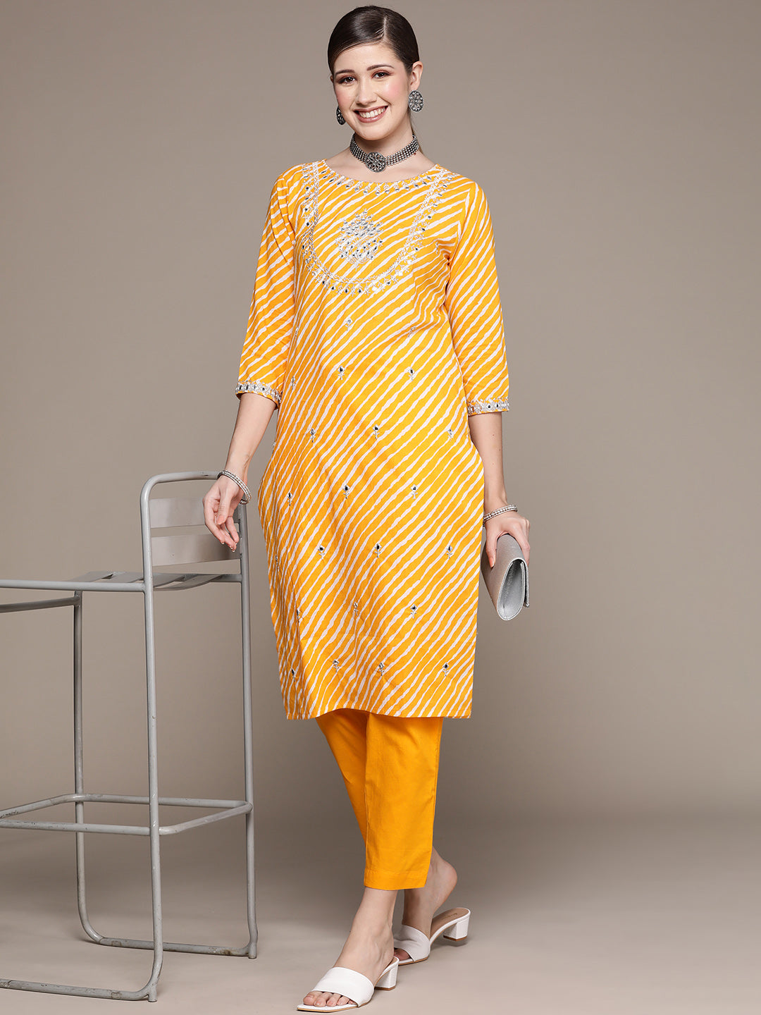 Ishin Women's Yellow Embroidered Straight Kurta with Trouser