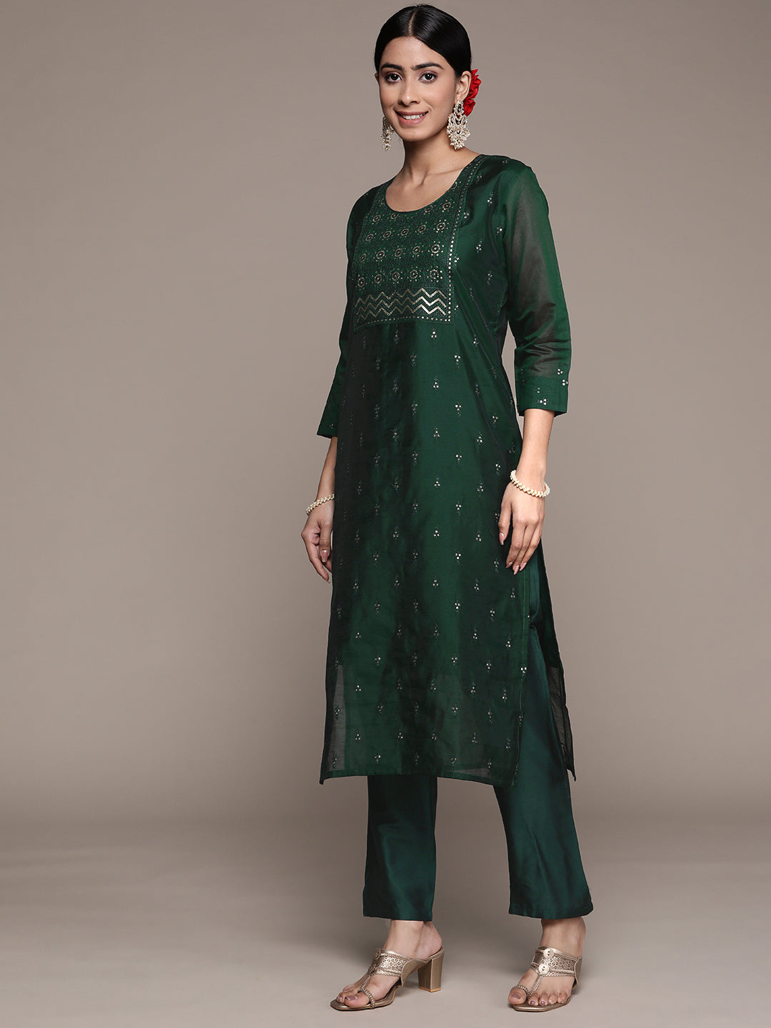Ishin Women's Green Sequinned Embellished A-Line Kurta Trouser Dupatta Set