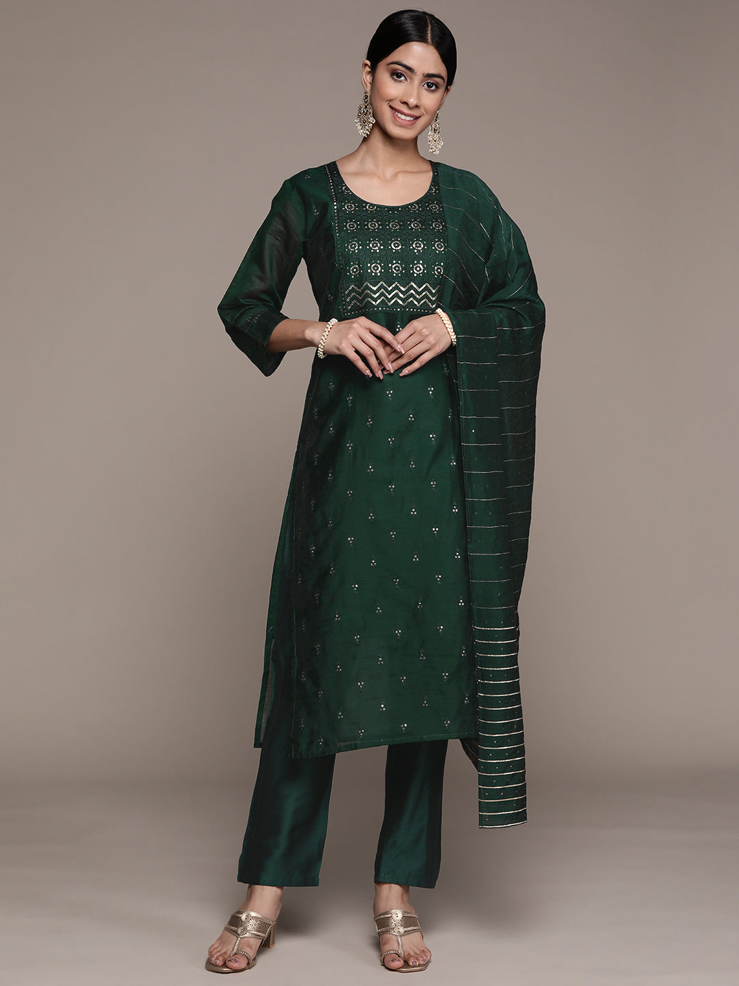 Ishin Women's Green Sequinned Embellished A-Line Kurta Trouser Dupatta Set