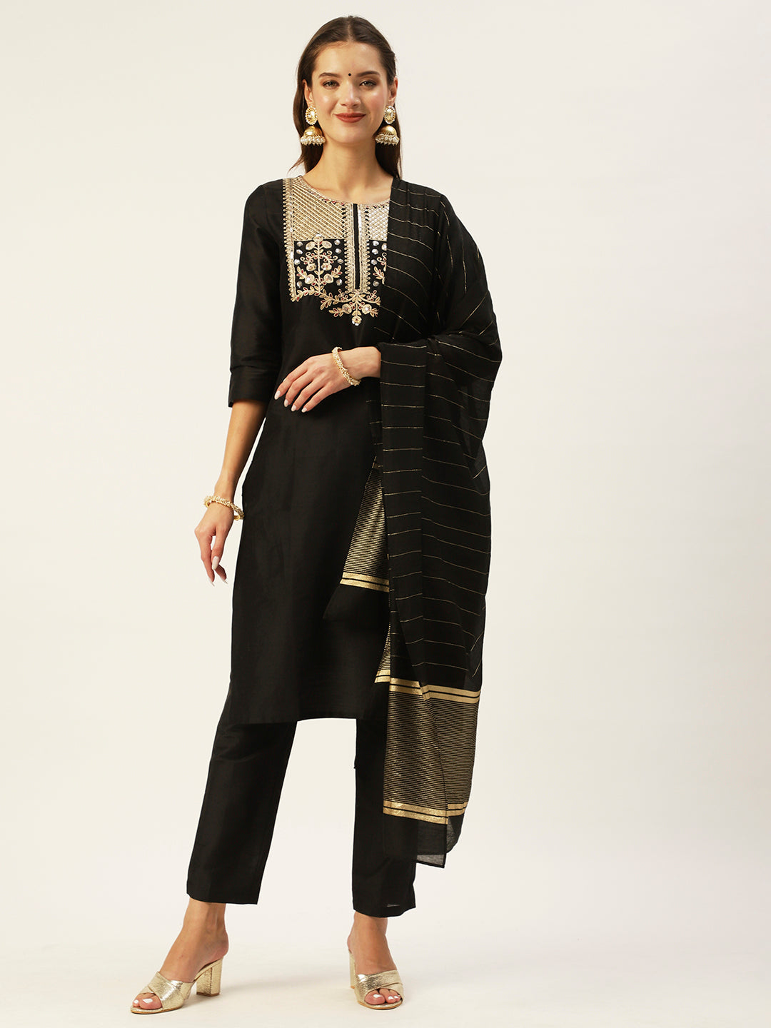 Ishin Women's Black Yoke Design Straight Kurta with Trouser & Dupatta