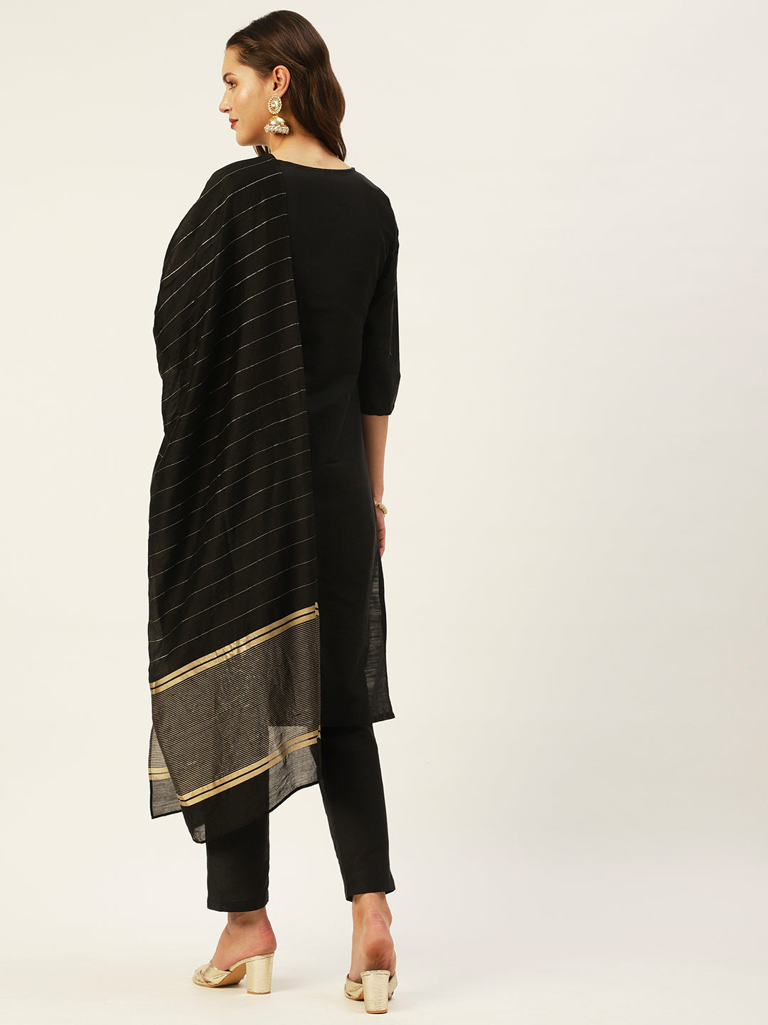 Ishin Women's Black Yoke Design Straight Kurta with Trouser & Dupatta