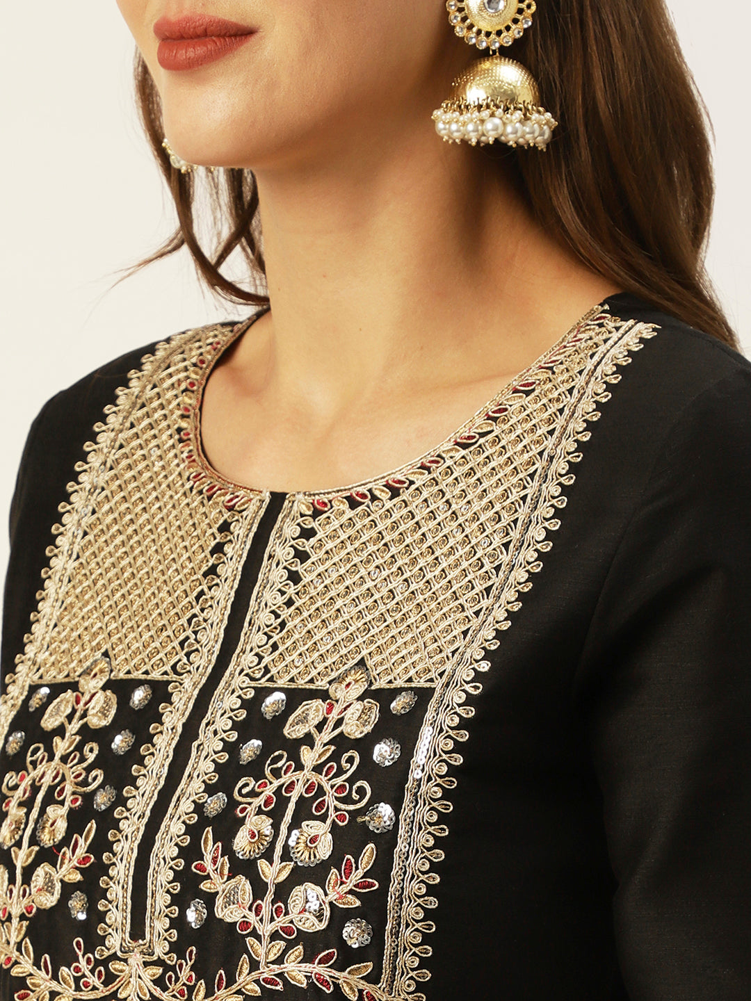 Ishin Women's Black Yoke Design Straight Kurta with Trouser & Dupatta