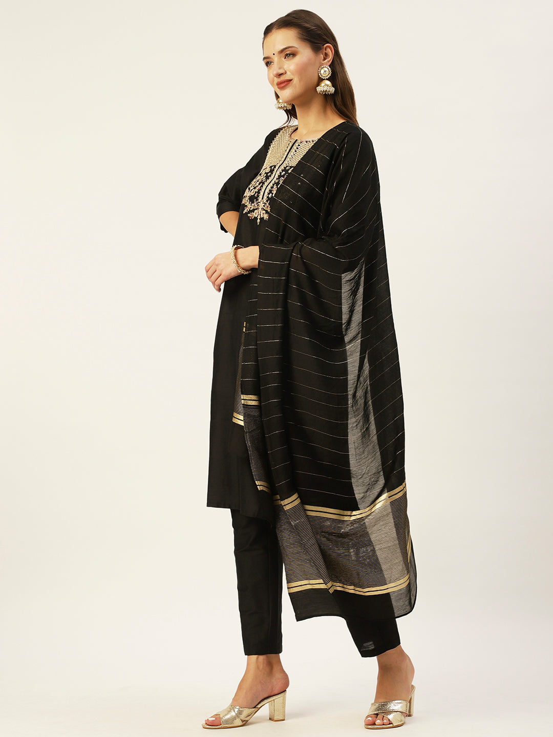 Ishin Women's Black Yoke Design Straight Kurta with Trouser & Dupatta
