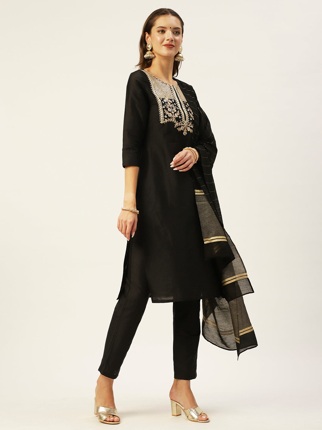Ishin Women's Black Yoke Design Straight Kurta with Trouser & Dupatta