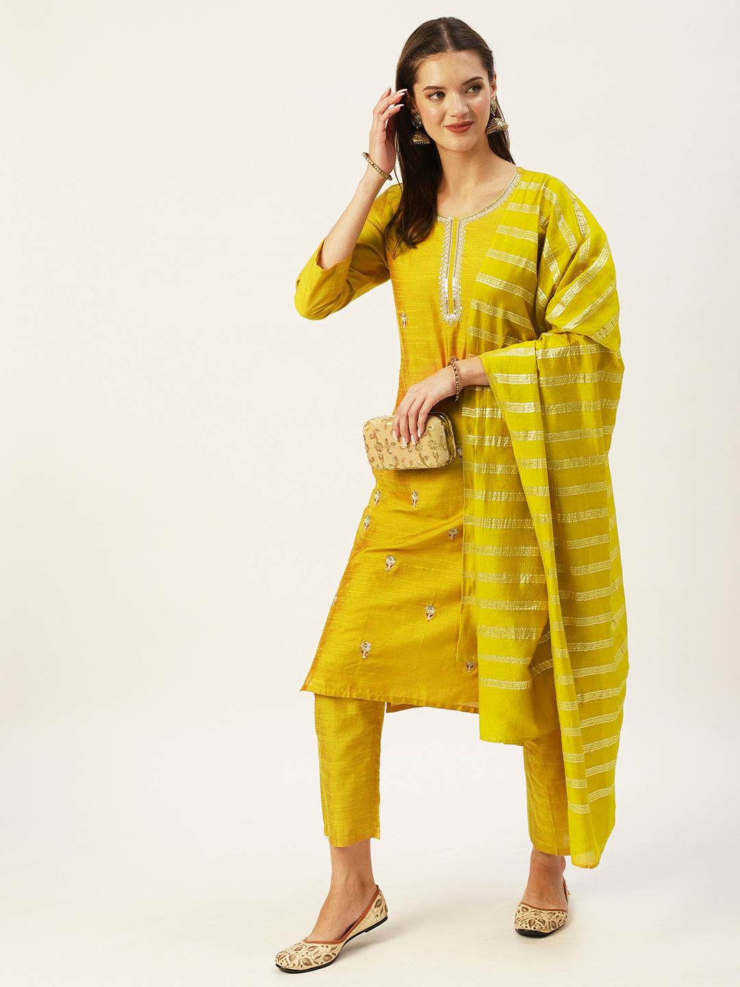 Ishin Women's Yellow Embroidered Straight Kurta with Trouser & Dupatta