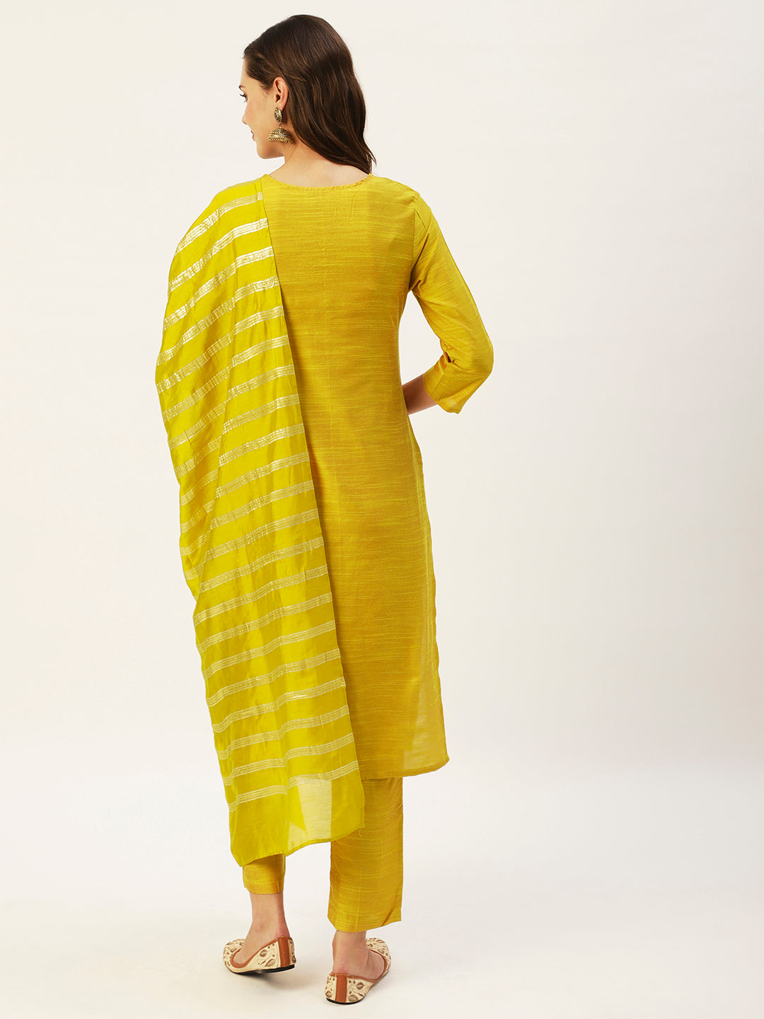 Ishin Women's Yellow Embroidered Straight Kurta with Trouser & Dupatta