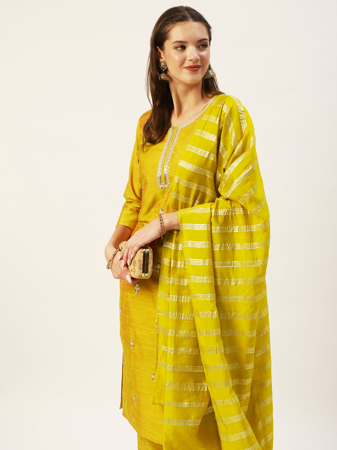 Ishin Women's Yellow Embroidered Straight Kurta with Trouser & Dupatta