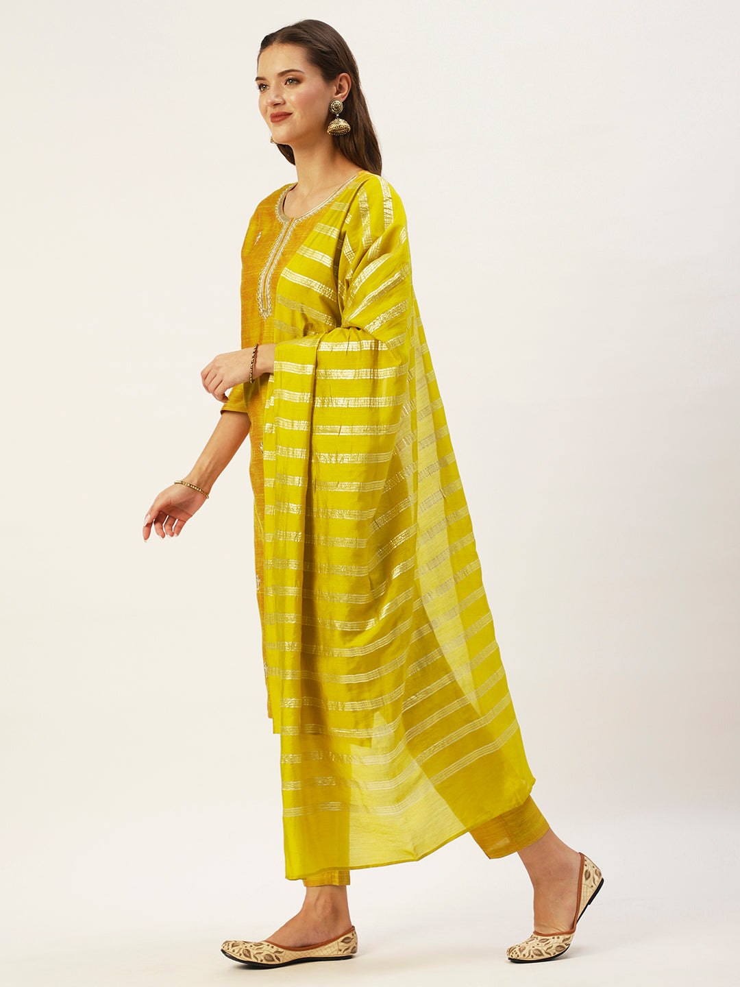 Ishin Women's Yellow Embroidered Straight Kurta with Trouser & Dupatta