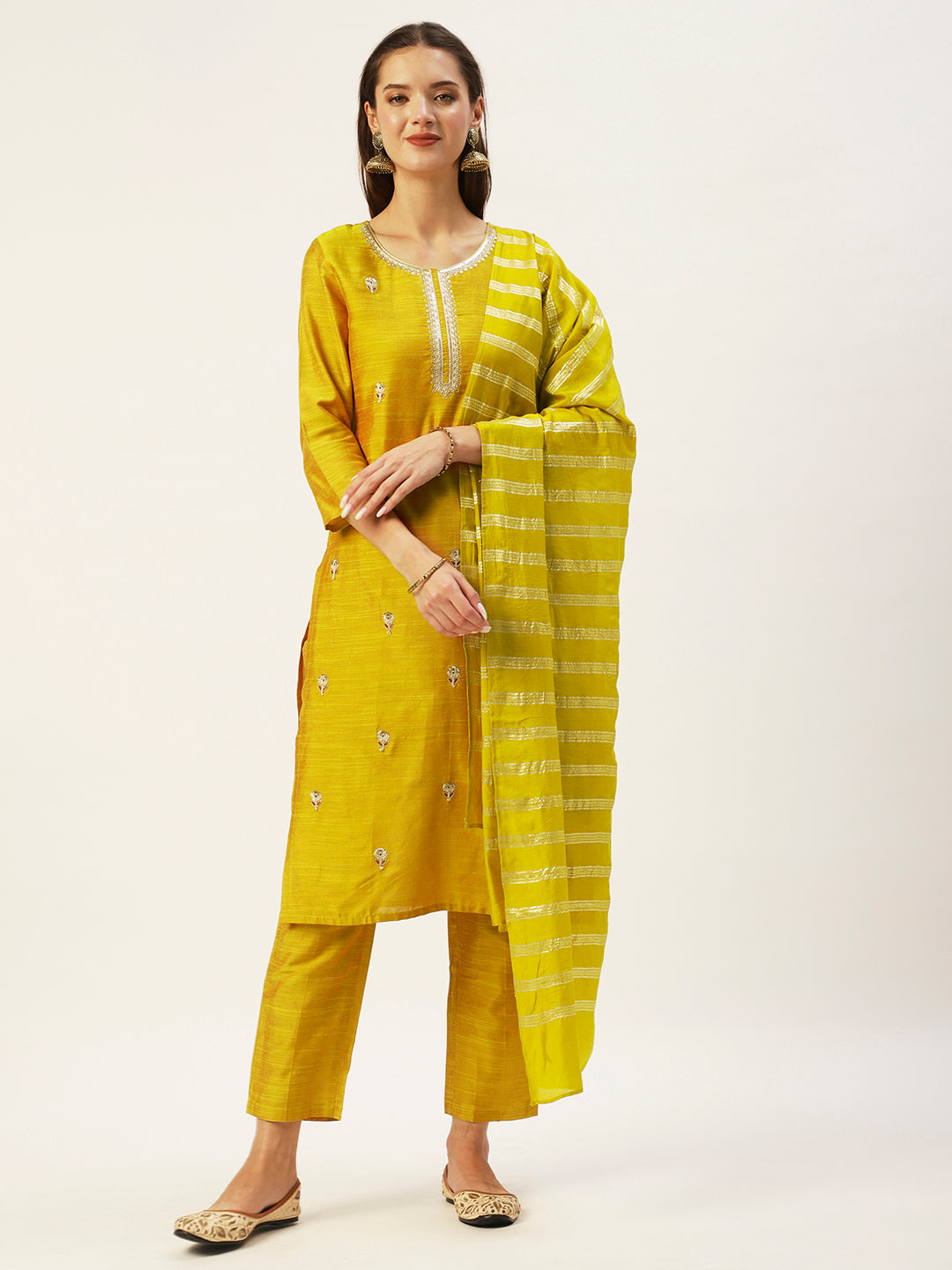 Ishin Women's Yellow Embroidered Straight Kurta with Trouser & Dupatta