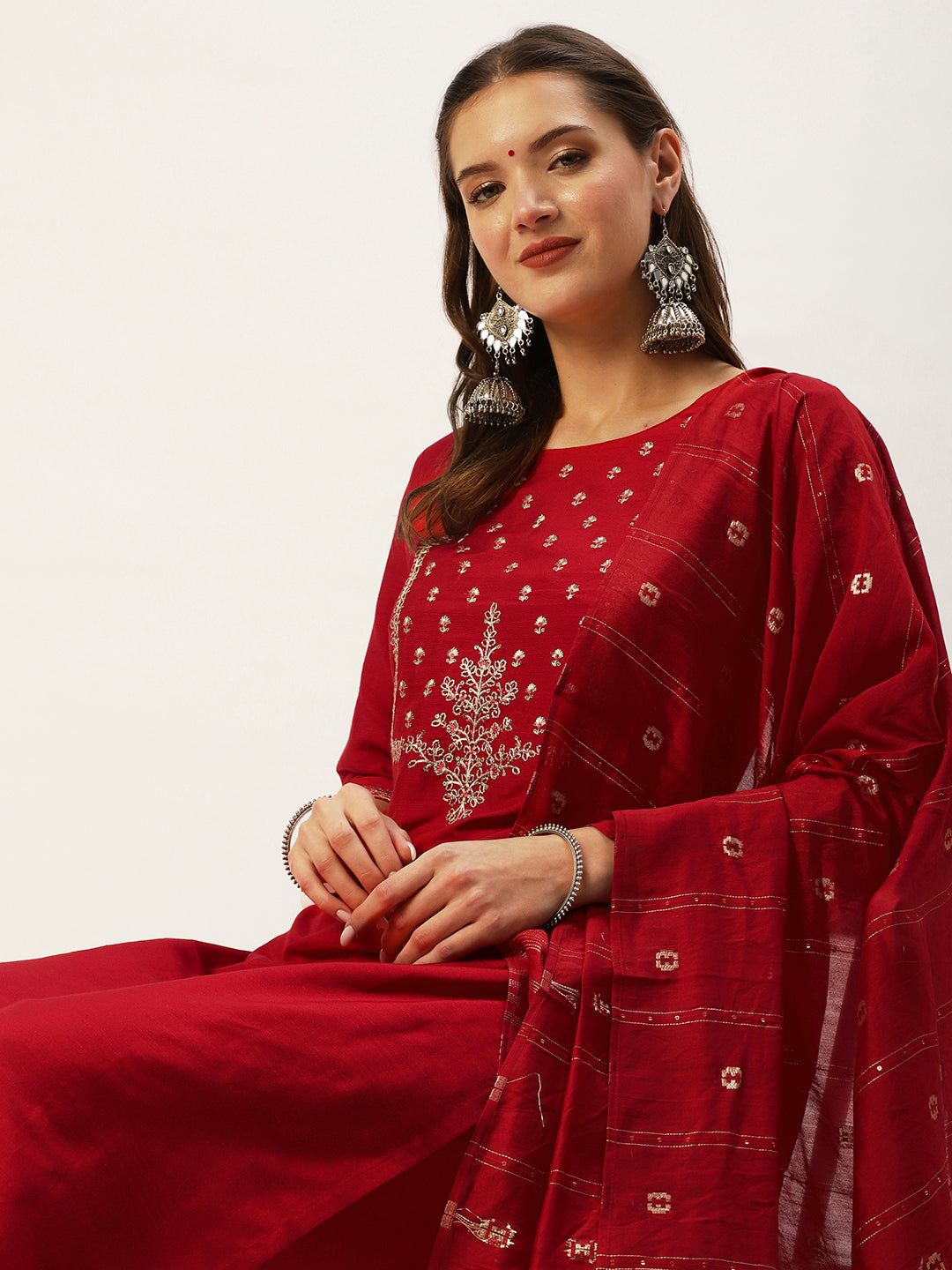 Ishin Women's Red Yoke Design Straight Kurta with Trouser & Dupatta