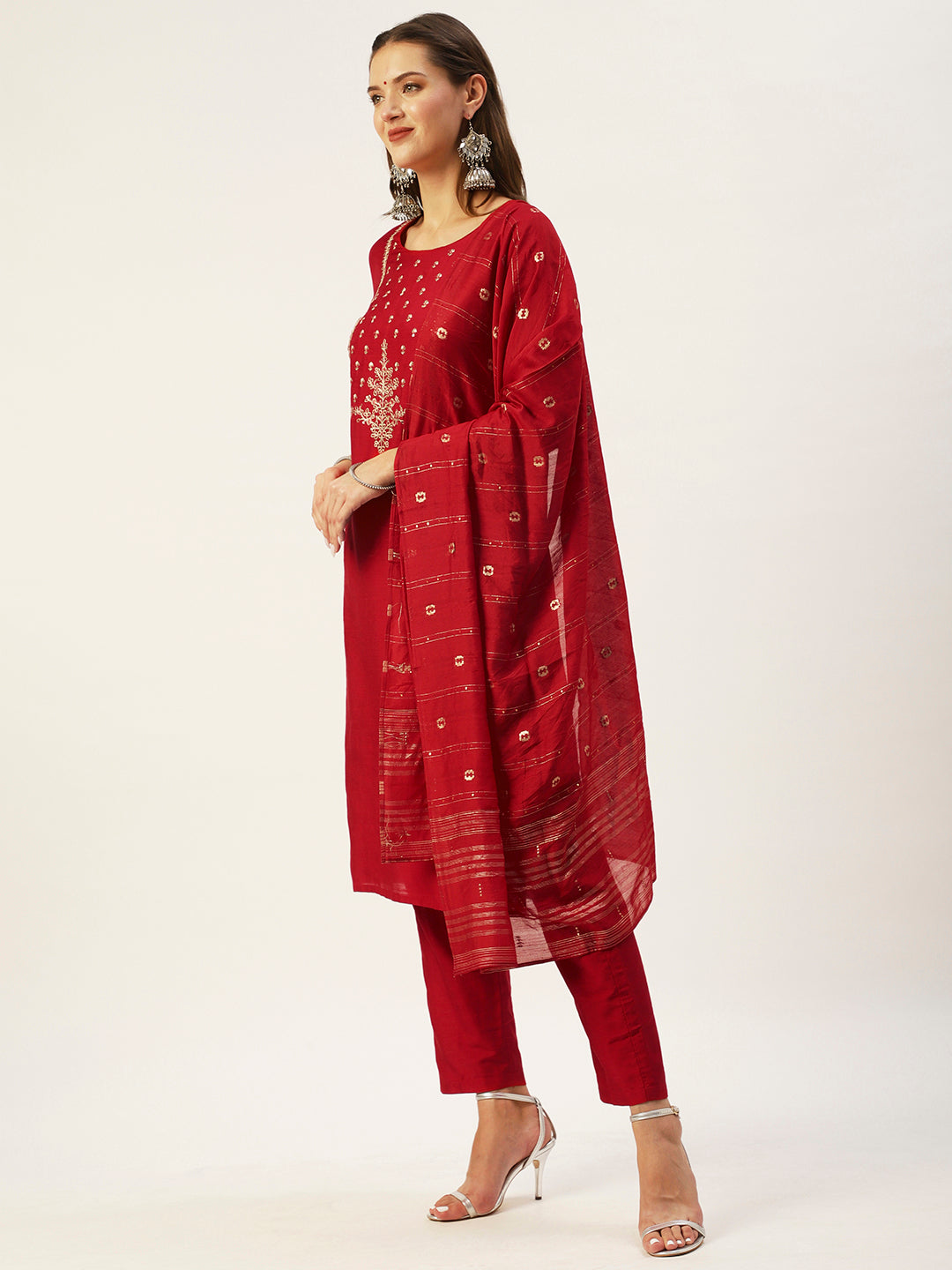 Ishin Women's Red Yoke Design Straight Kurta with Trouser & Dupatta