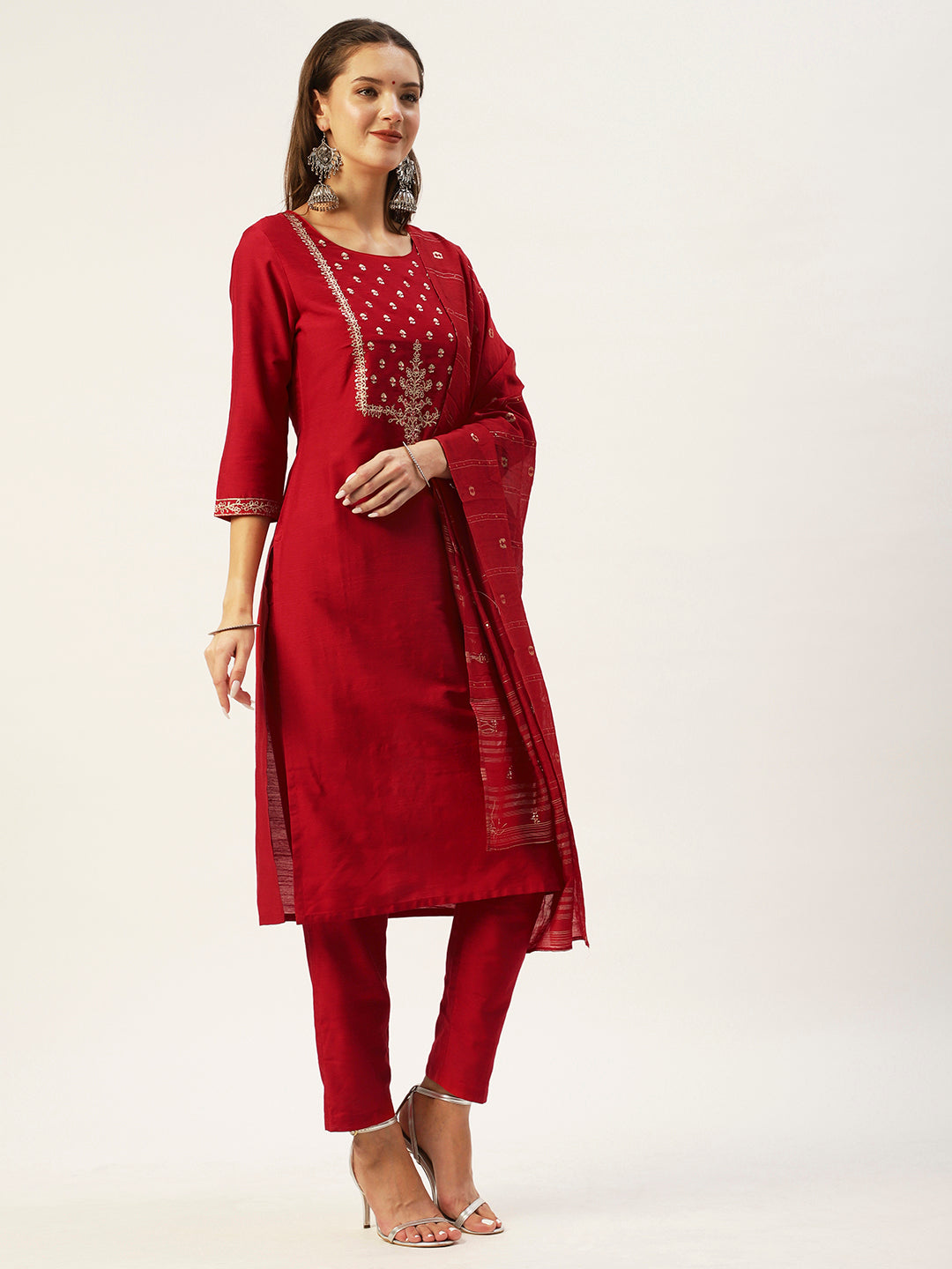 Ishin Women's Red Yoke Design Straight Kurta with Trouser & Dupatta