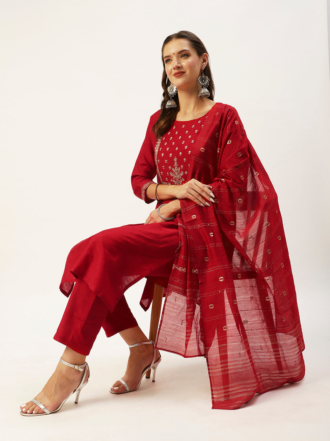 Ishin Women's Red Yoke Design Straight Kurta with Trouser & Dupatta