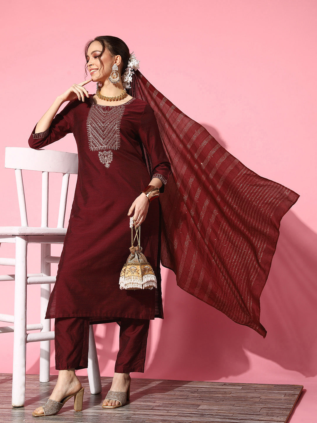 Ishin Women's Cotton Blend Maroon Yoke Design A-Line Kurta Trouser Dupatta Set