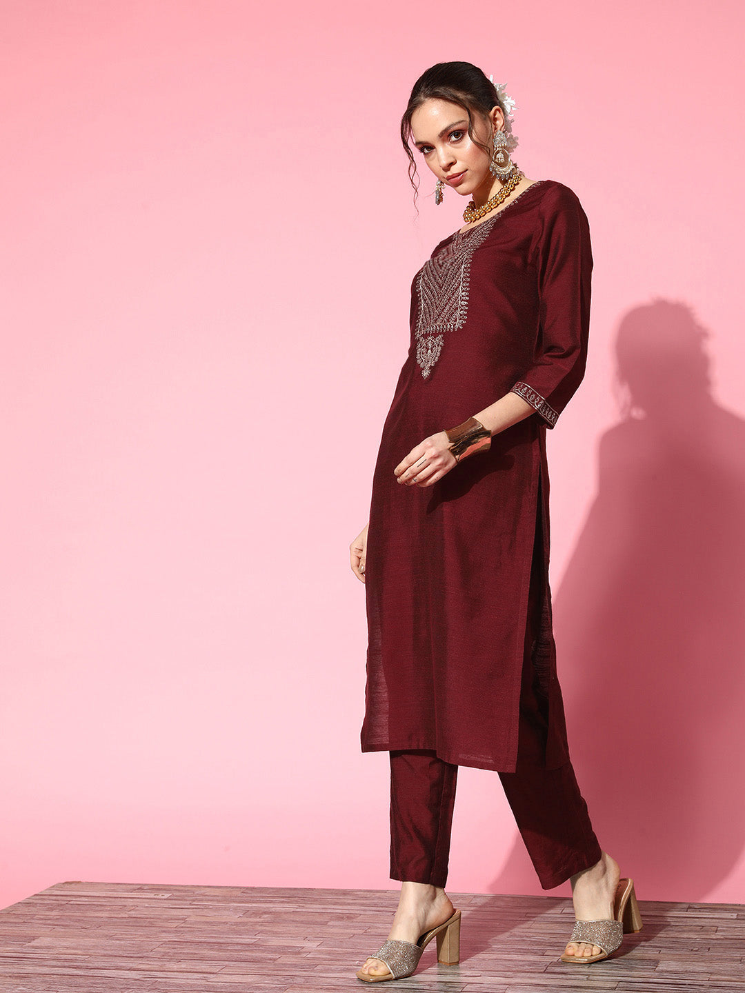 Ishin Women's Cotton Blend Maroon Yoke Design A-Line Kurta Trouser Dupatta Set