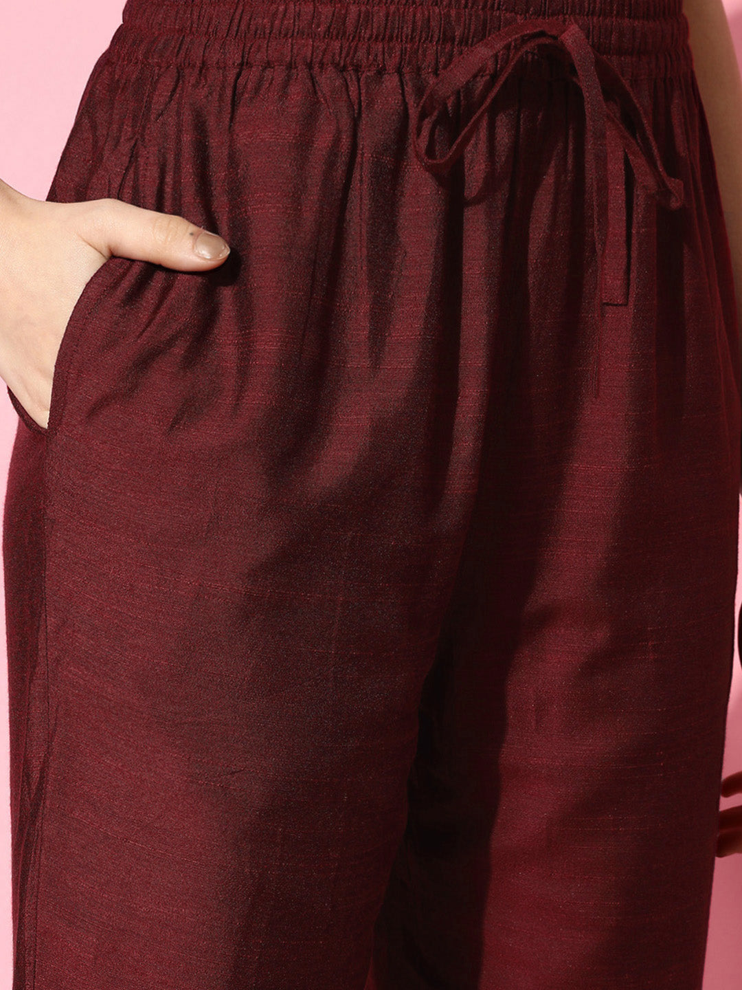 Ishin Women's Cotton Blend Maroon Yoke Design A-Line Kurta Trouser Dupatta Set