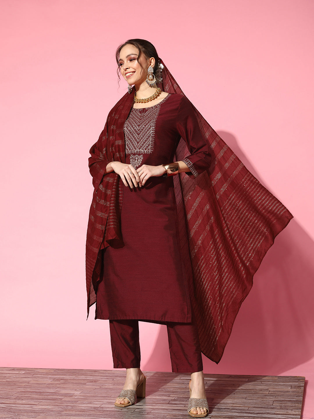 Ishin Women's Cotton Blend Maroon Yoke Design A-Line Kurta Trouser Dupatta Set