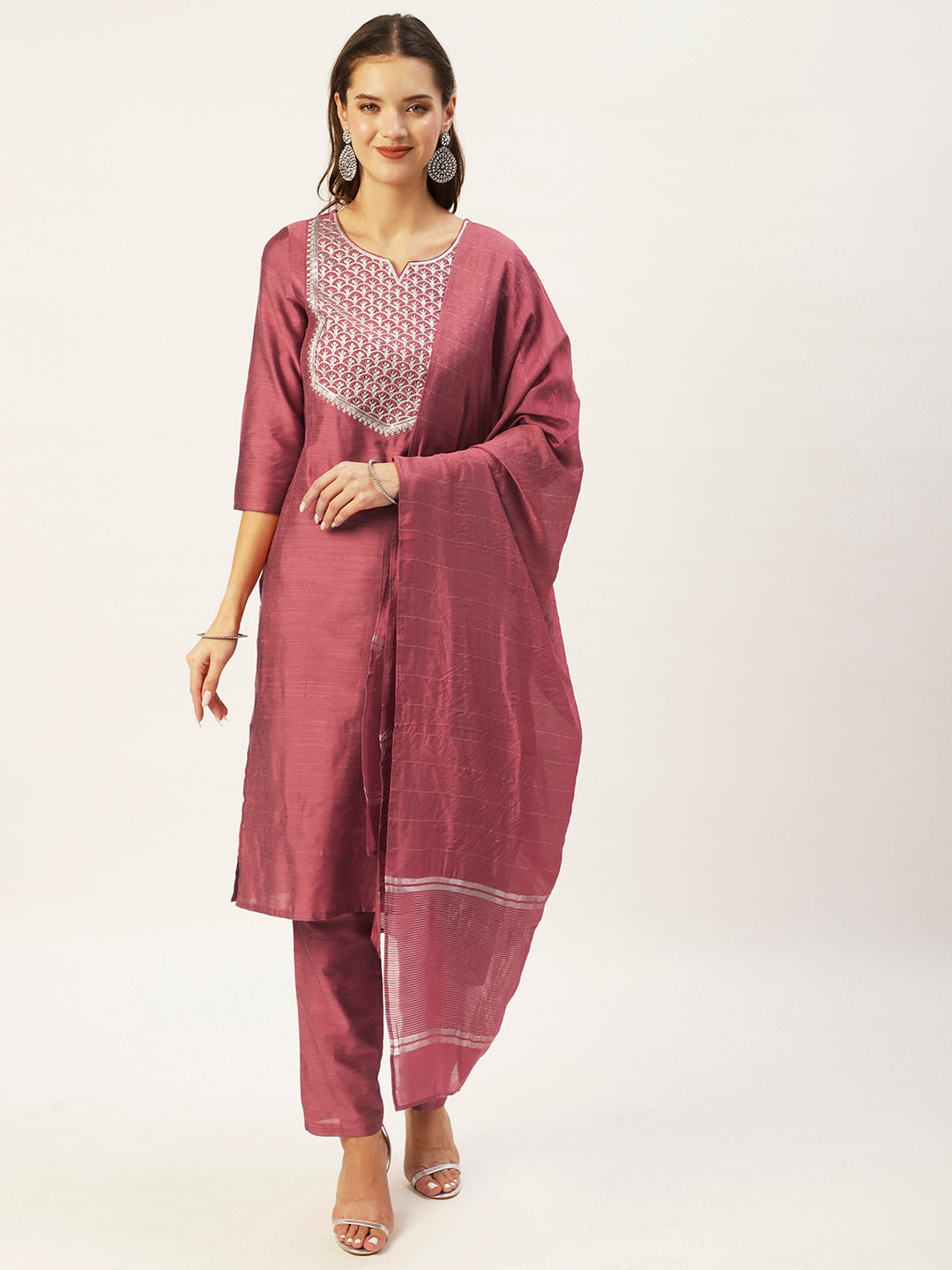 Ishin Women's Mauve Yoke Design Straight Kurta with Trouser & Dupatta