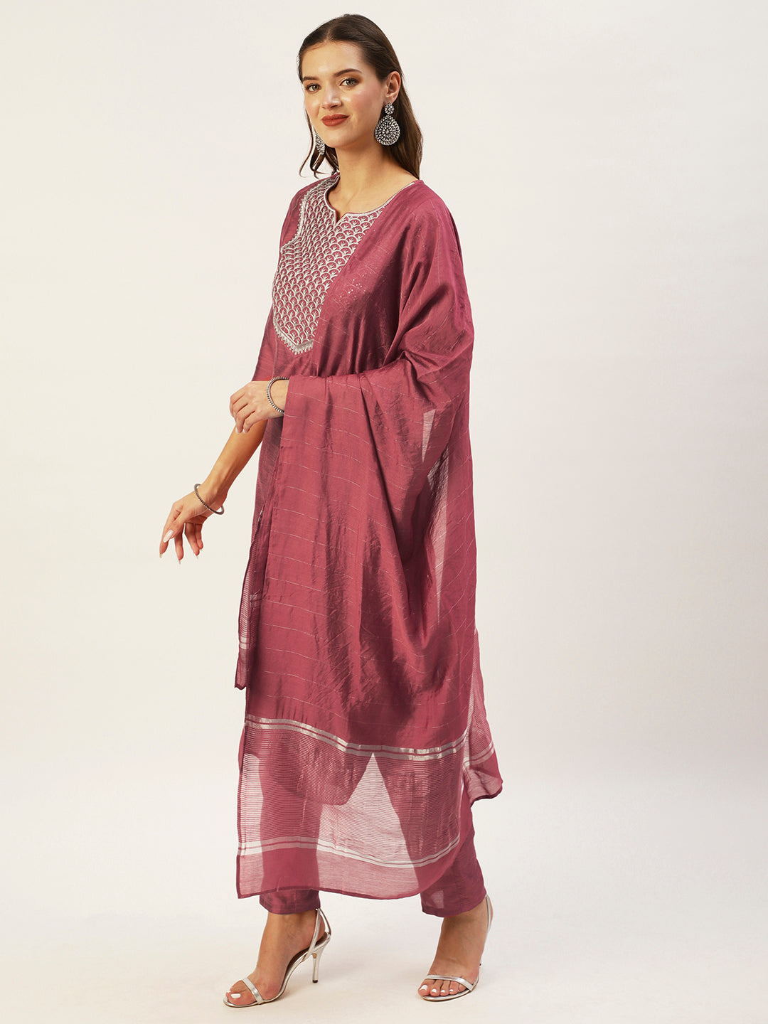 Ishin Women's Mauve Yoke Design Straight Kurta with Trouser & Dupatta