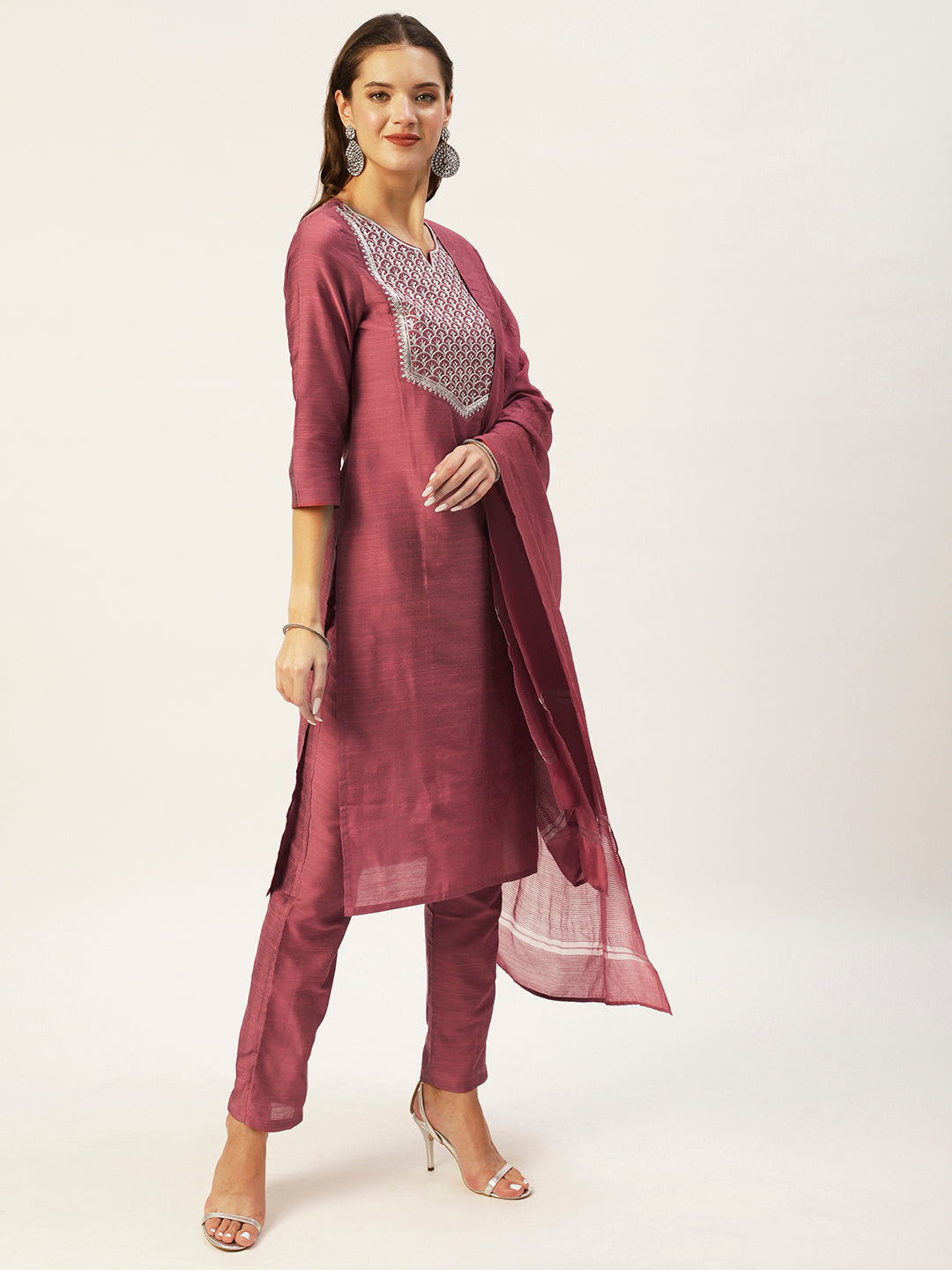 Ishin Women's Mauve Yoke Design Straight Kurta with Trouser & Dupatta