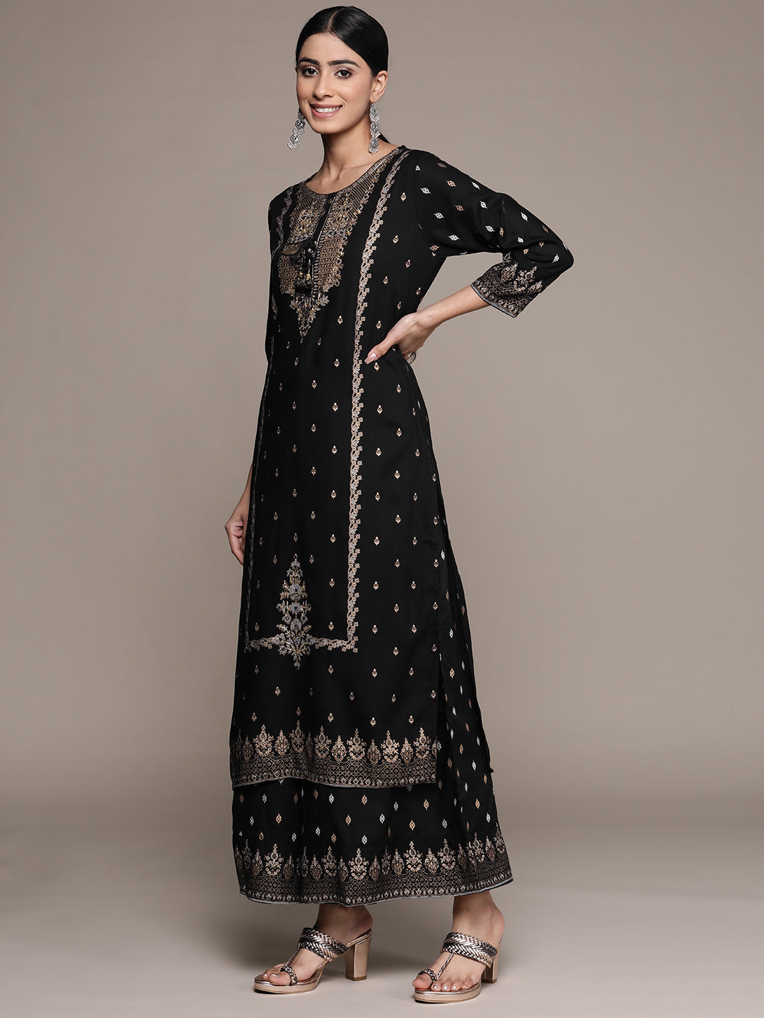 Ishin Women's Cotton Black Embroidered A-Line Kurta Sharara Dupatta Set