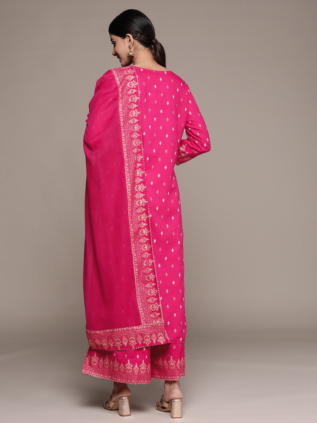 Ishin Women's Cotton Pink Embroidered A-Line Kurta Sharara Dupatta Set