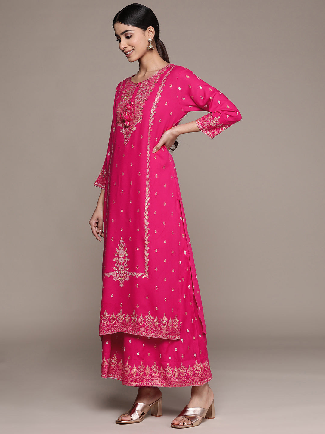 Ishin Women's Cotton Pink Embroidered A-Line Kurta Sharara Dupatta Set