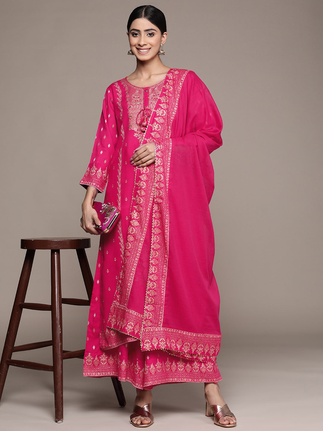 Ishin Women's Cotton Pink Embroidered A-Line Kurta Sharara Dupatta Set