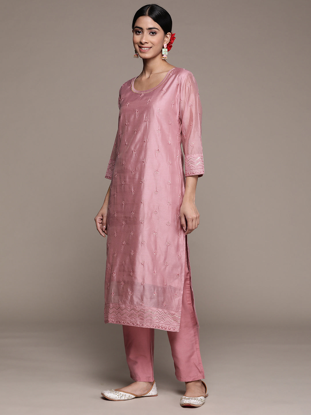 Ishin Women's Mauve Sequinned Embellished A-Line Kurta Trouser Dupatta Set