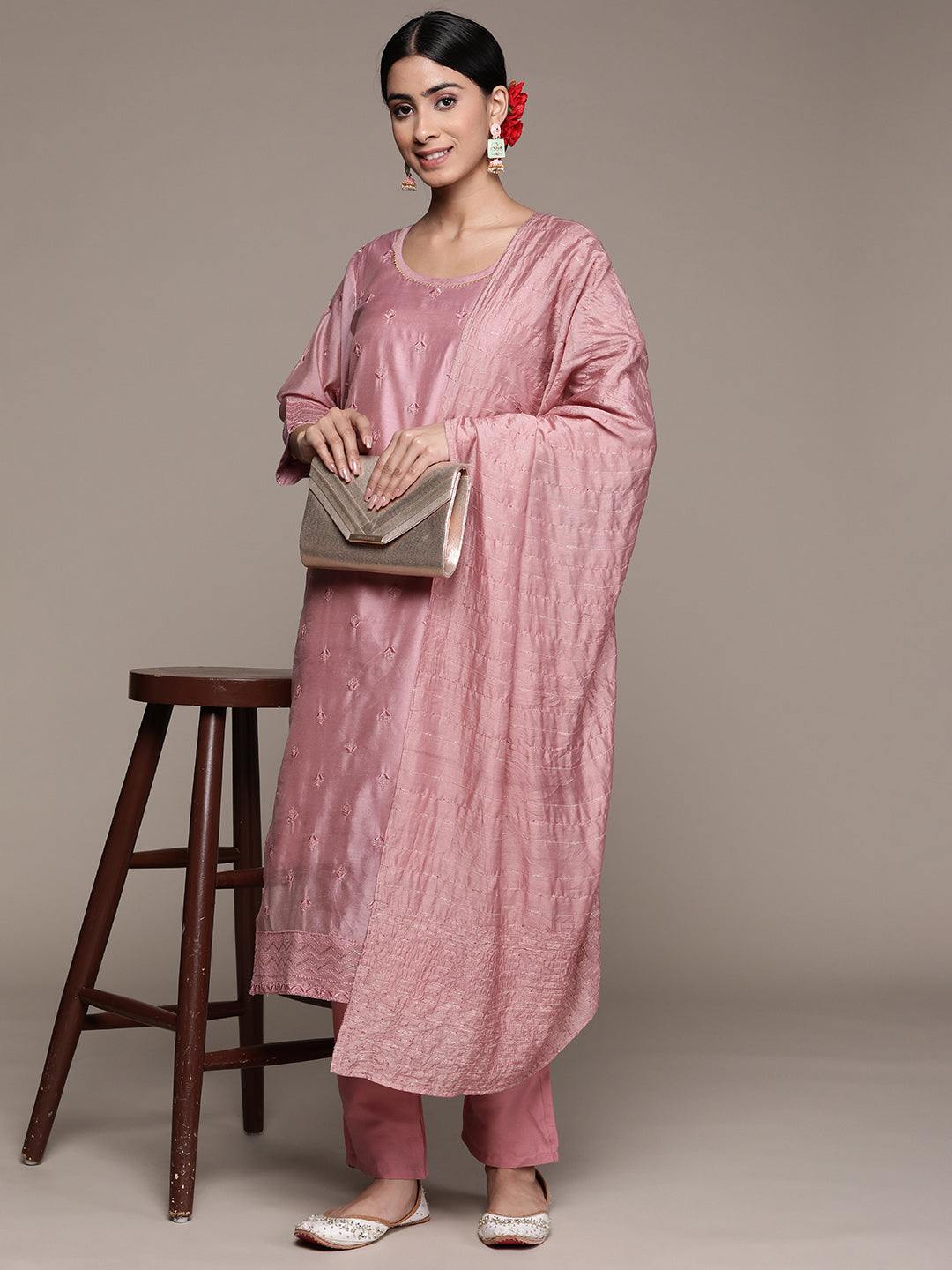 Ishin Women's Mauve Sequinned Embellished A-Line Kurta Trouser Dupatta Set