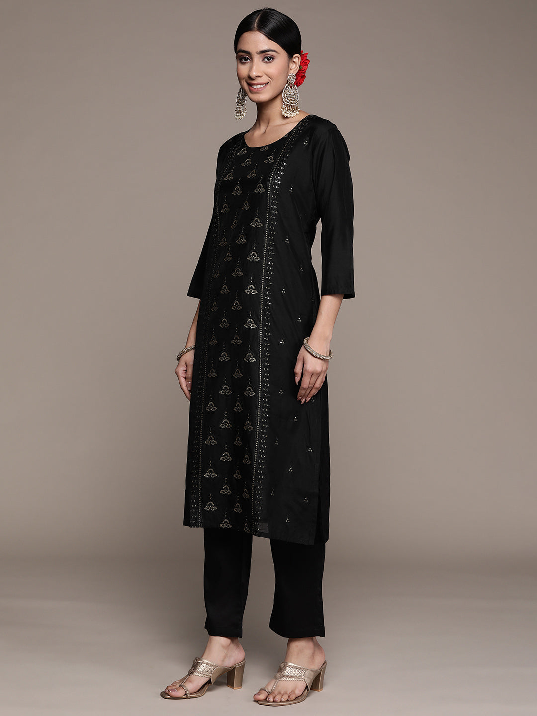 Ishin Women's Black Sequinned Embellished A-Line Kurta Trouser Dupatta Set