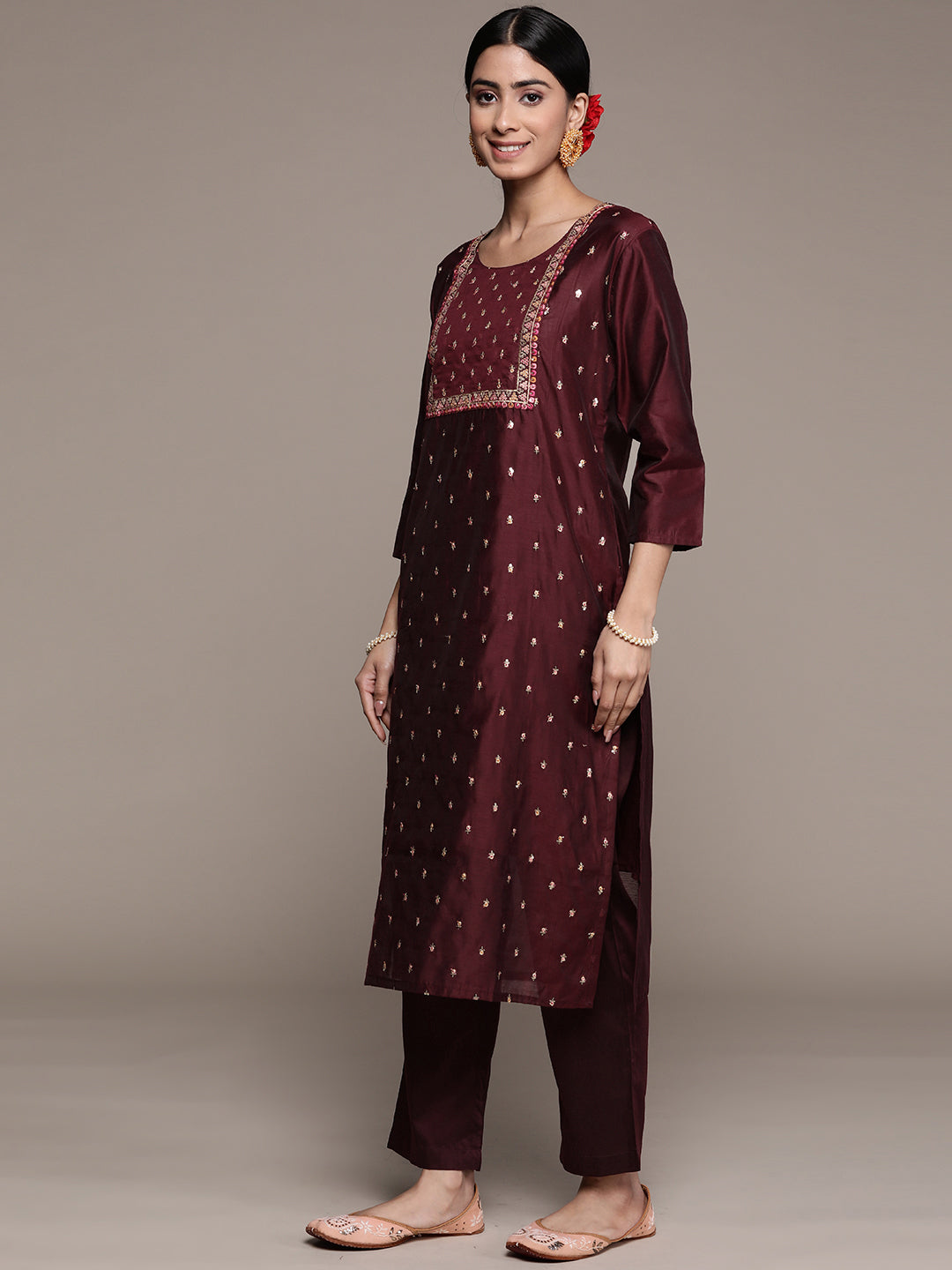 Ishin Women's Maroon Sequinned Embellished A-Line Kurta Trouser Dupatta Set