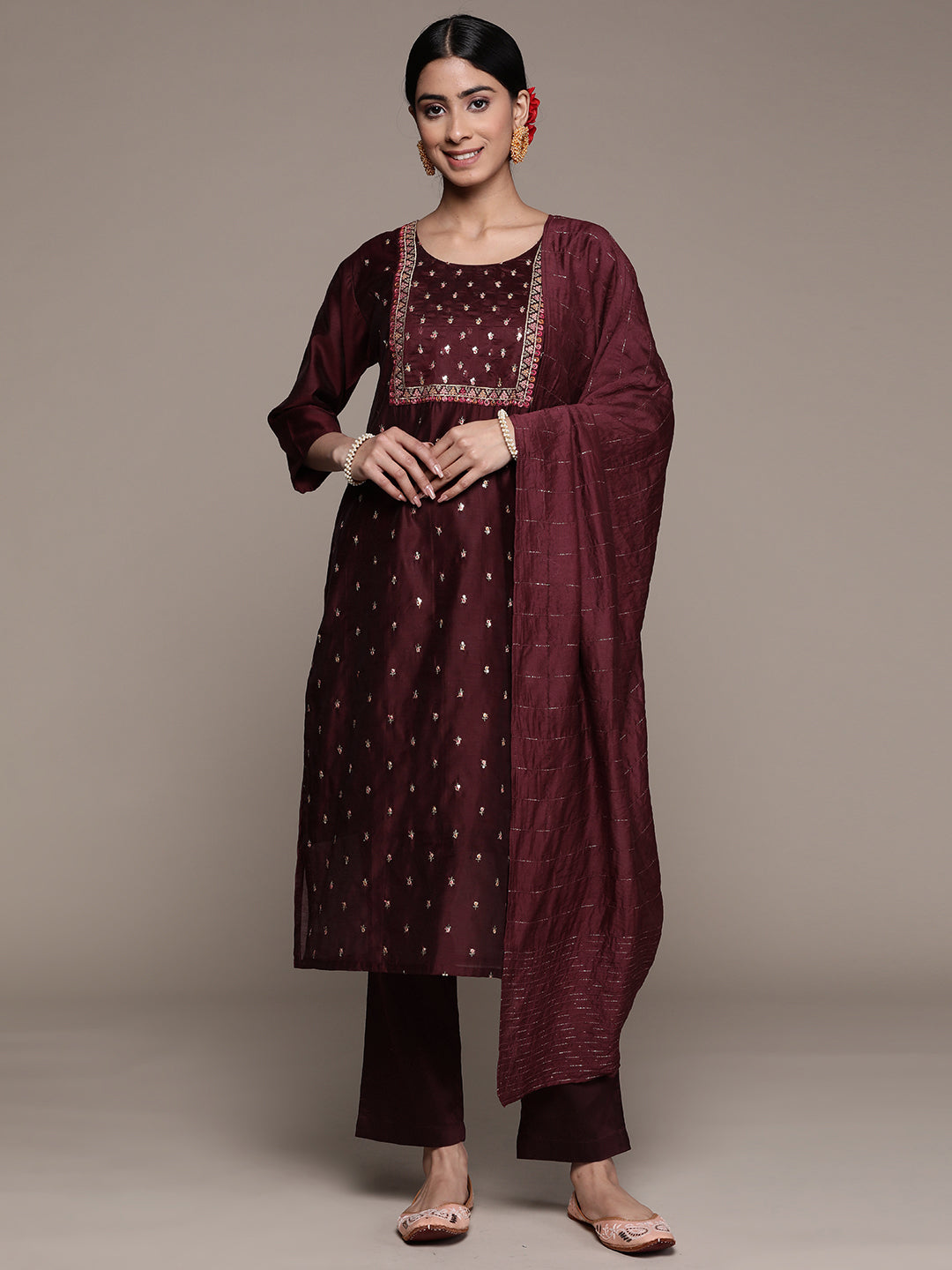 Ishin Women's Maroon Sequinned Embellished A-Line Kurta Trouser Dupatta Set