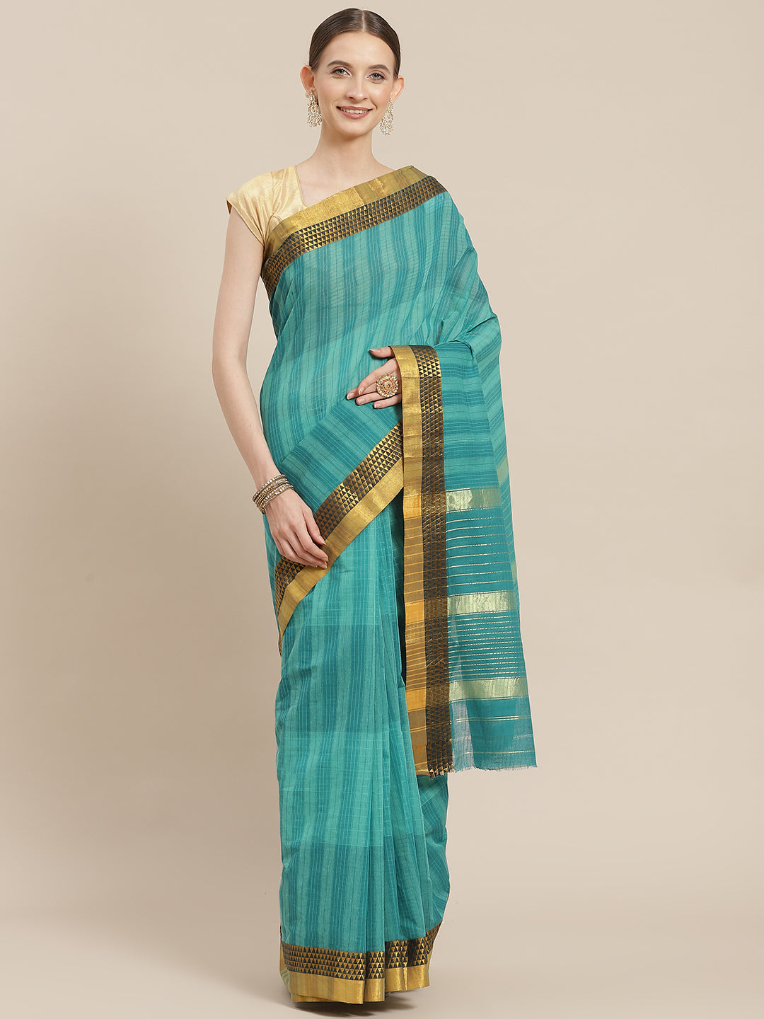 Ishin Women's Cotton Blend Sea Green Temple Checks Woven Saree With Blouse Piece