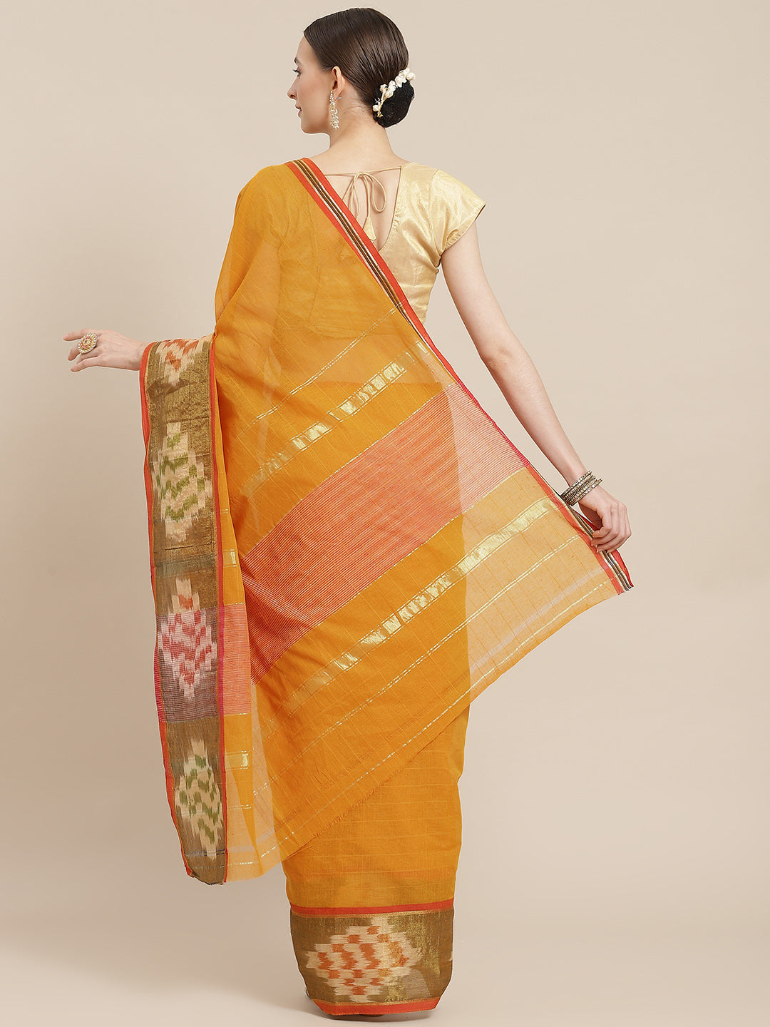 Ishin Women's Cotton Blend Mustard Solid Woven Pochampally Saree With Blouse Piece