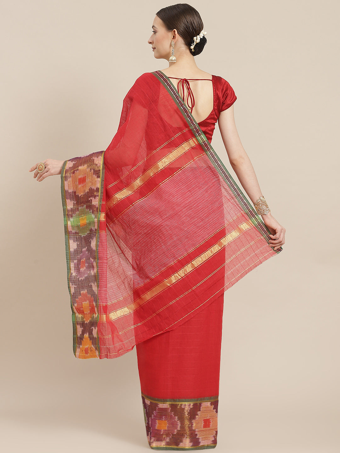 Ishin Women's Cotton Blend Red Solid Woven Pochampally Saree With Blouse Piece