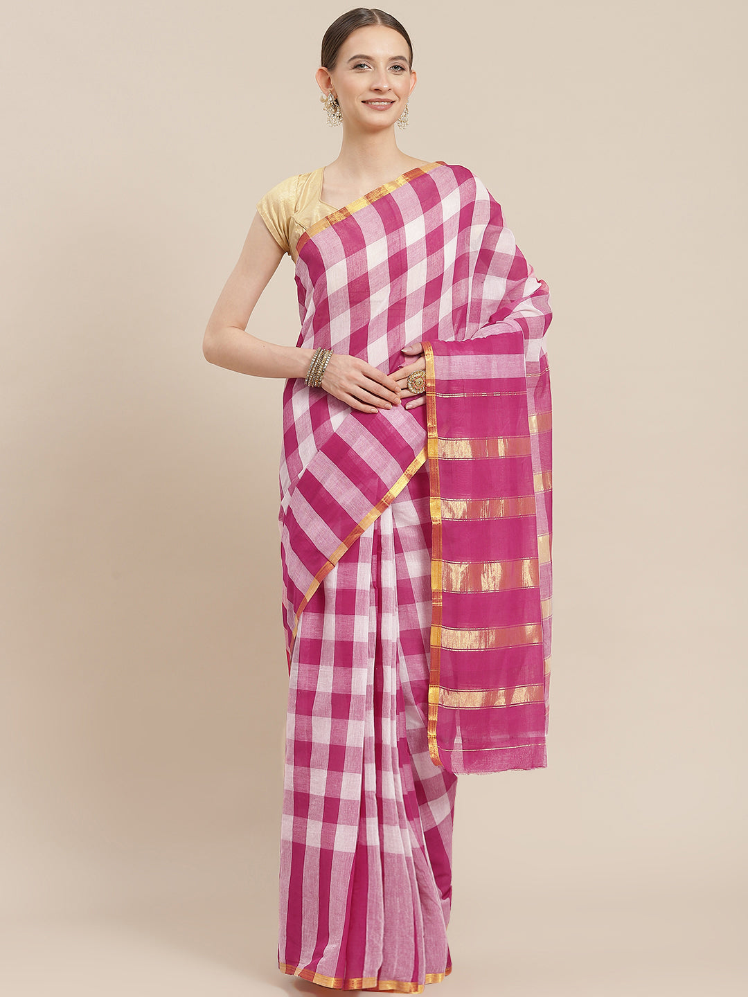 Ishin Women's Cotton Blend Pink Checks Woven Vanamahalaxmi Saree With Blouse Piece