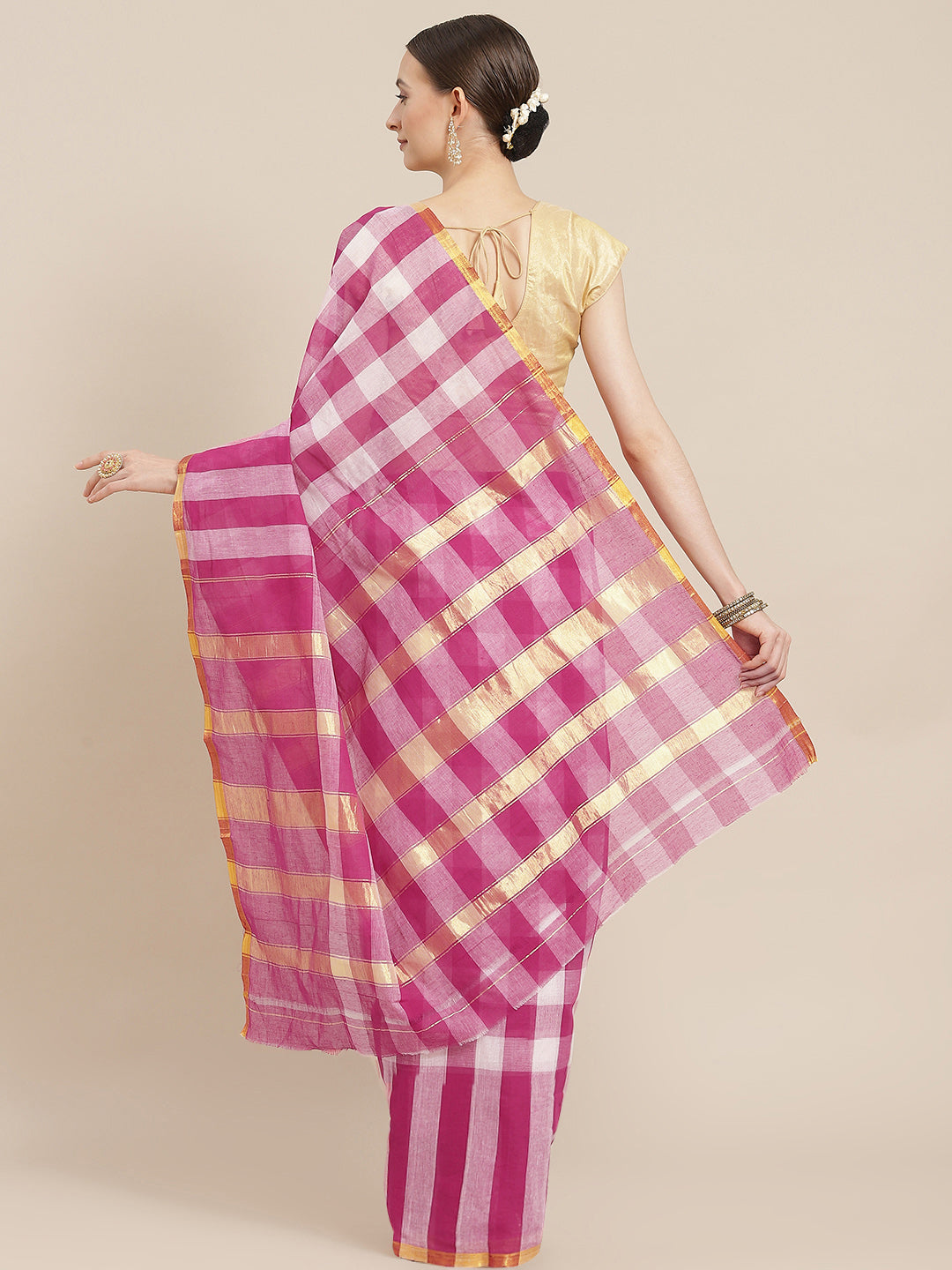 Ishin Women's Cotton Blend Pink Checks Woven Vanamahalaxmi Saree With Blouse Piece