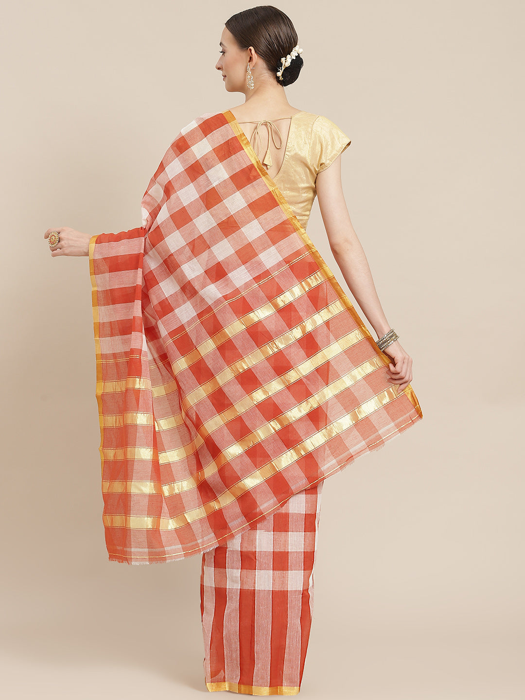 Ishin Women's Cotton Blend Brown Checks Woven Vanamahalaxmi Saree With Blouse Piece