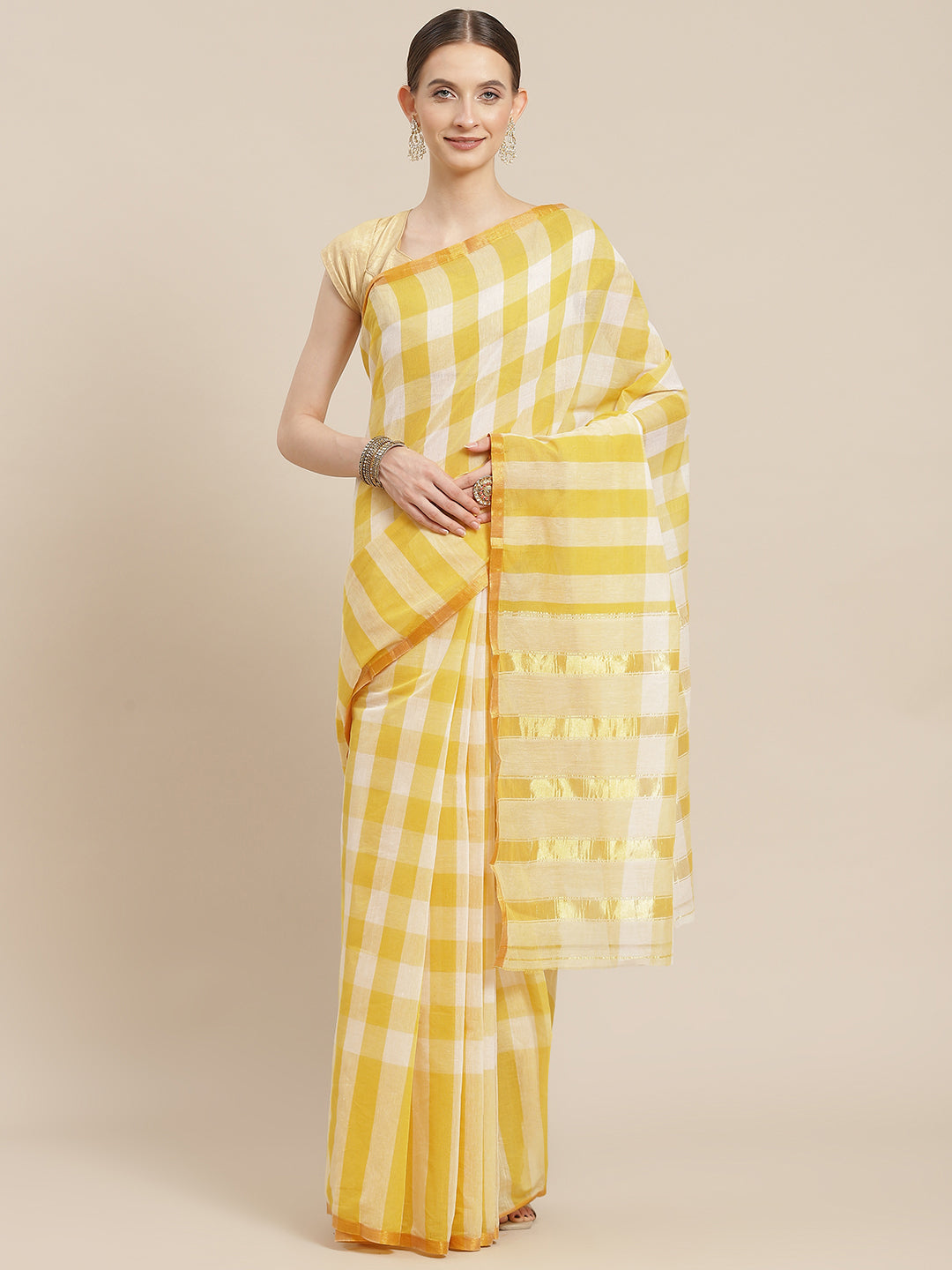 Ishin Women's Cotton Blend Yellow Checks Woven Vanamahalaxmi Saree With Blouse Piece