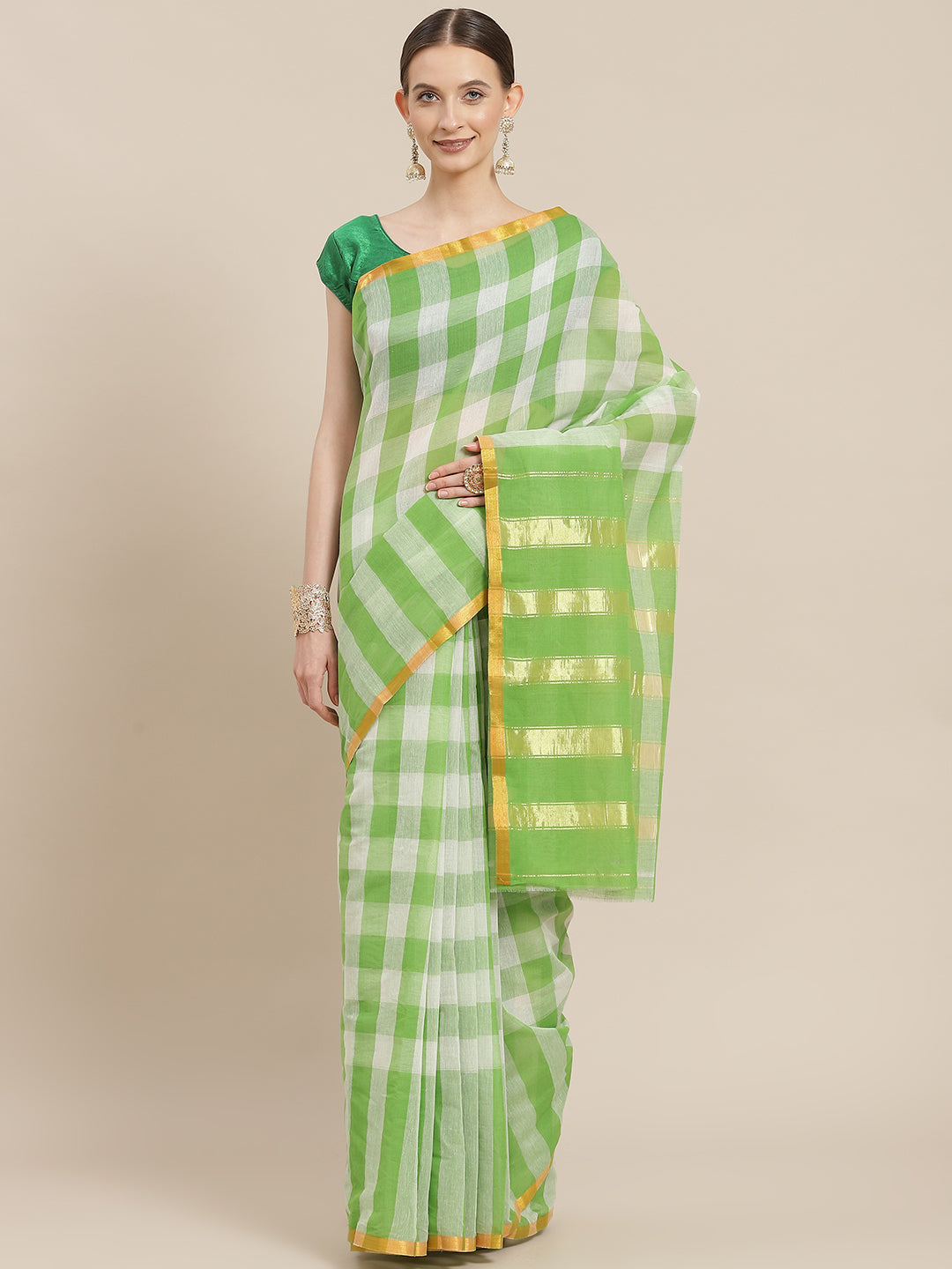 Ishin Women's Cotton Blend Green Checks Woven Vanamahalaxmi Saree With Blouse Piece