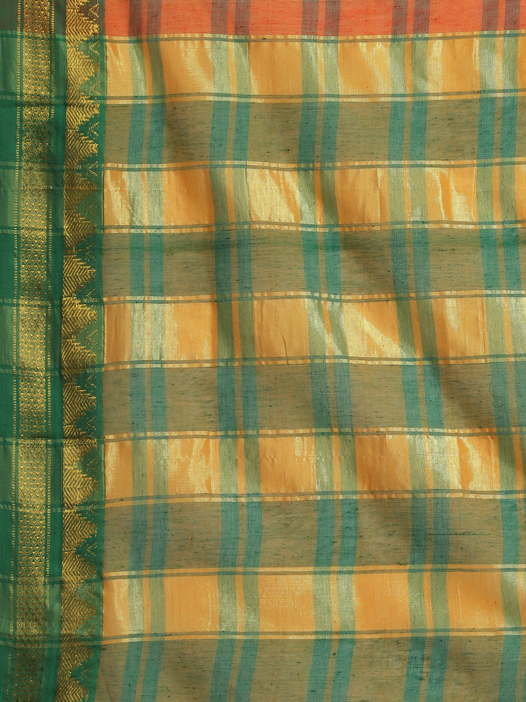 Ishin Women's Cotton Blend Orange Checks Woven Saree With Blouse Piece