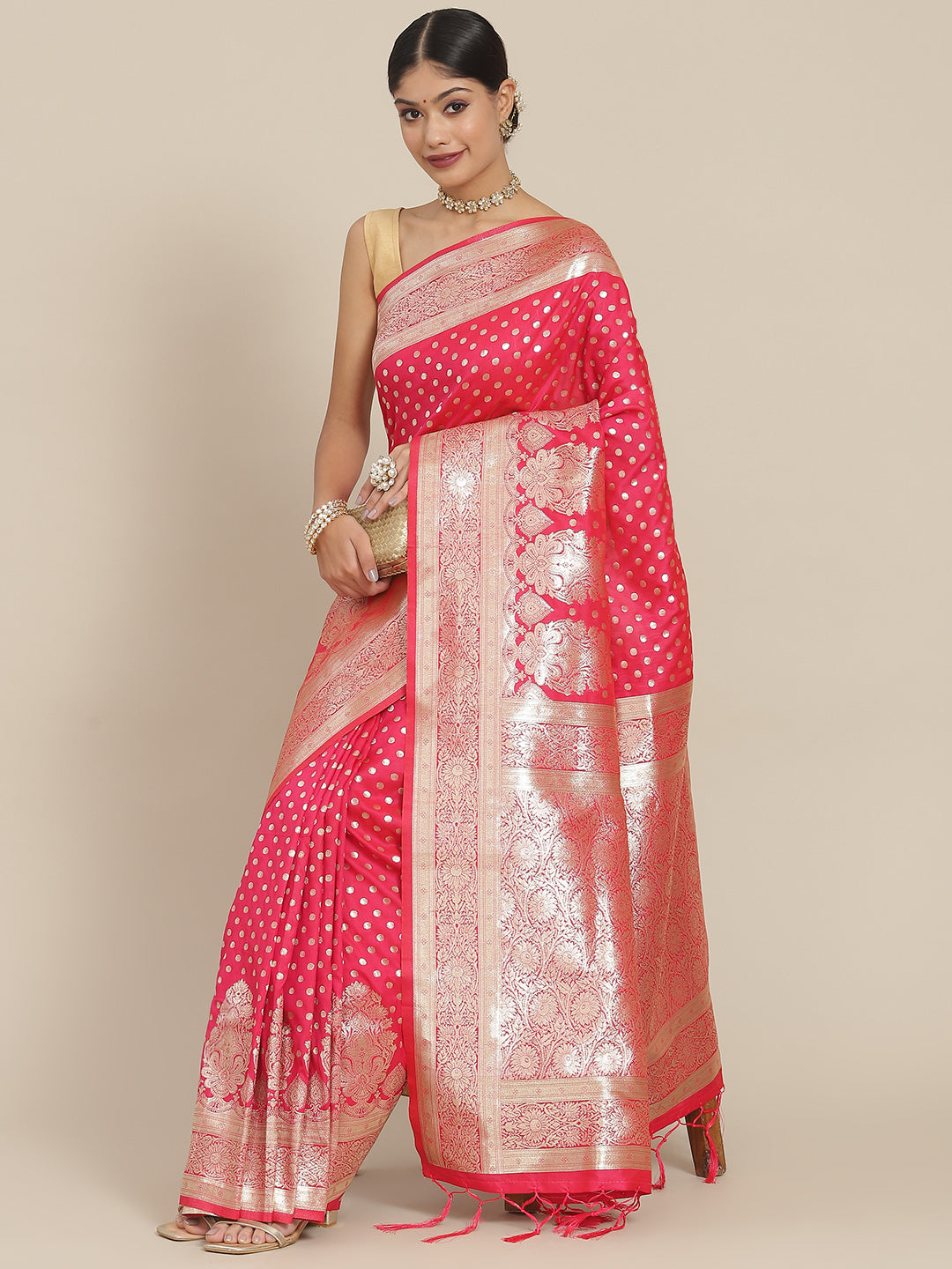 Ishin Women's Silk Blend Pink Woven Design Banarasi Saree With Blouse Piece