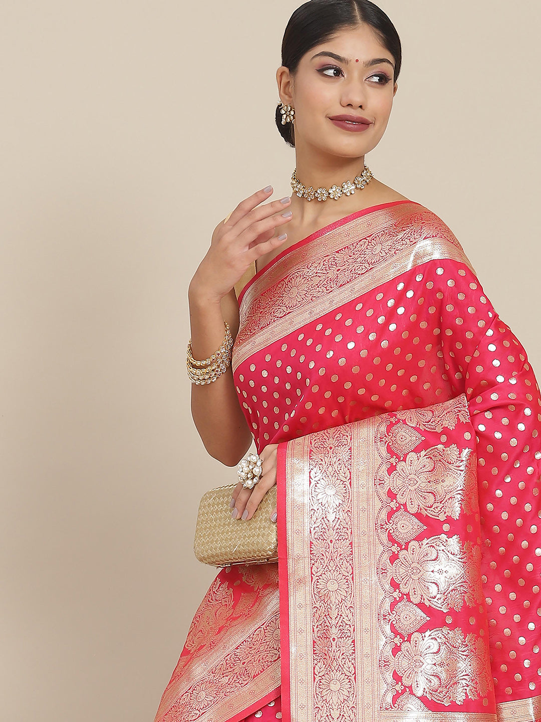 Ishin Women's Silk Blend Pink Woven Design Banarasi Saree With Blouse Piece