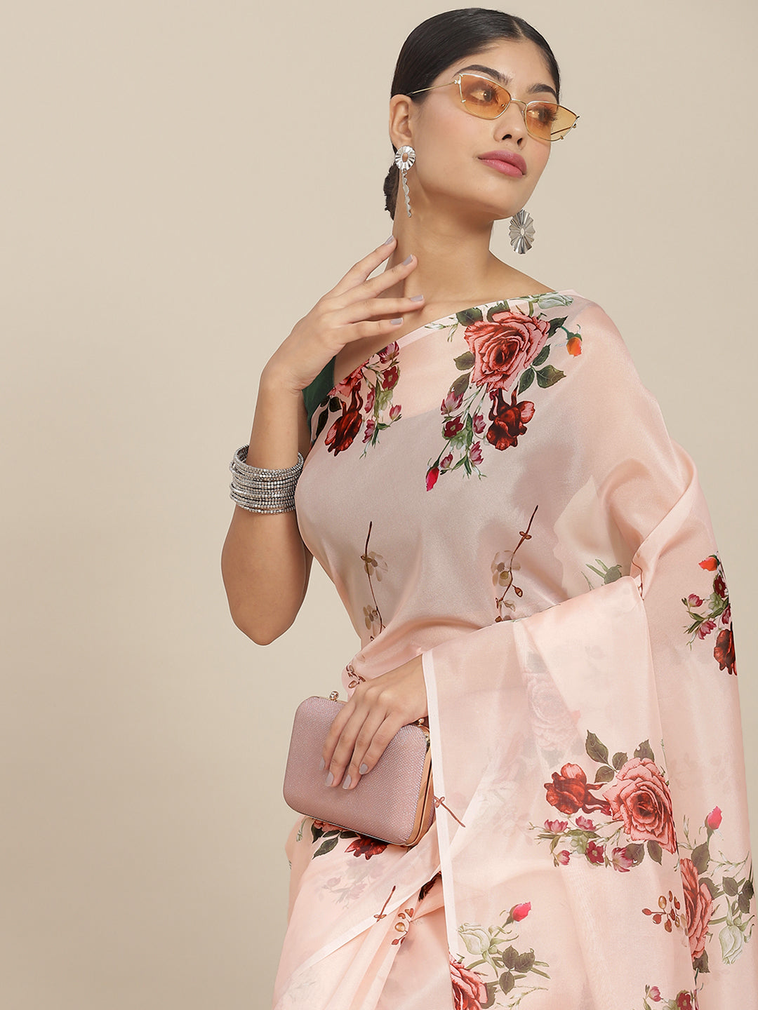 Ishin Women's Silk Blend Peach Printed Saree With Blouse Piece