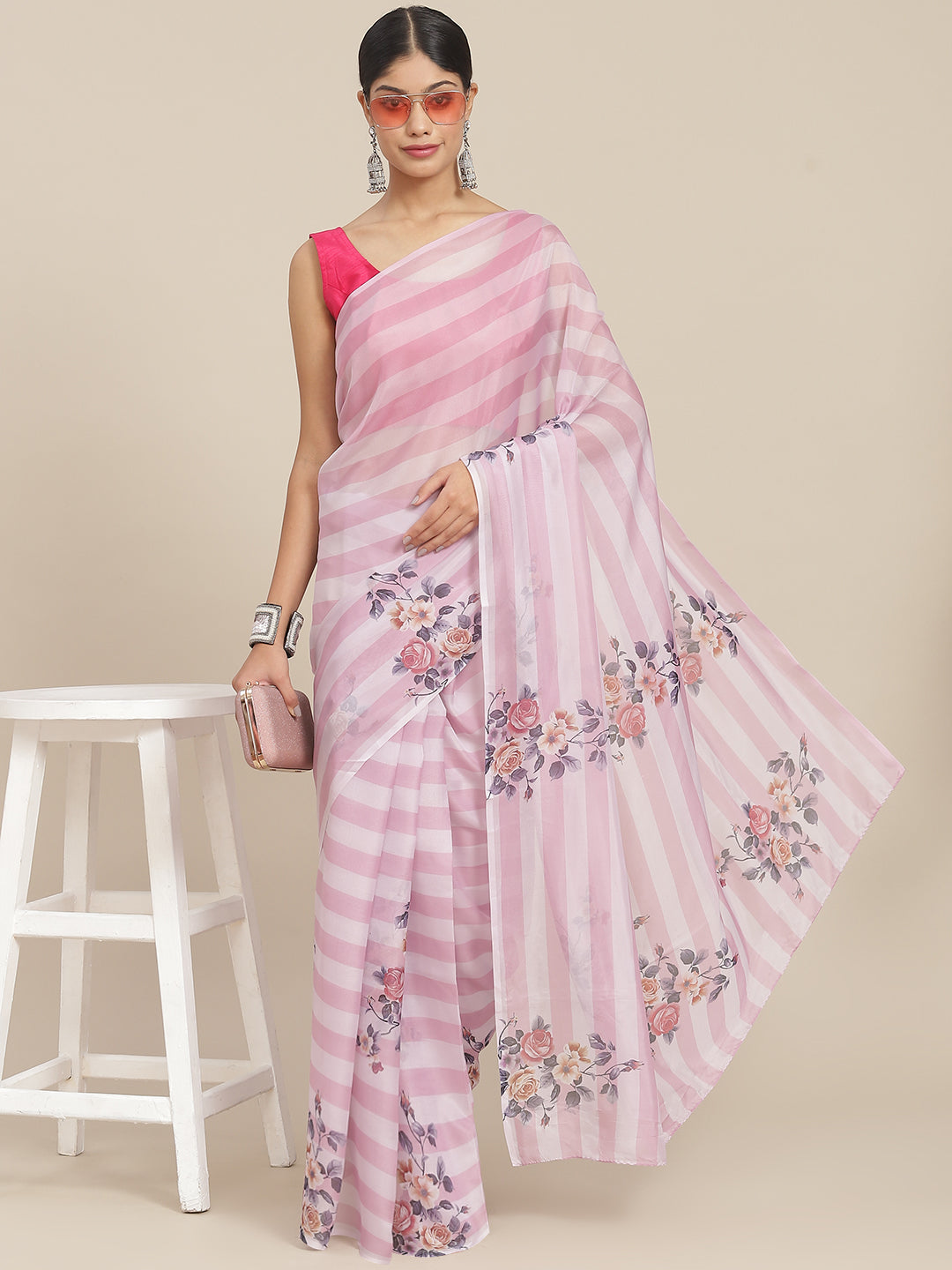 Ishin Women's Silk Blend Pink Printed Saree With Blouse Piece