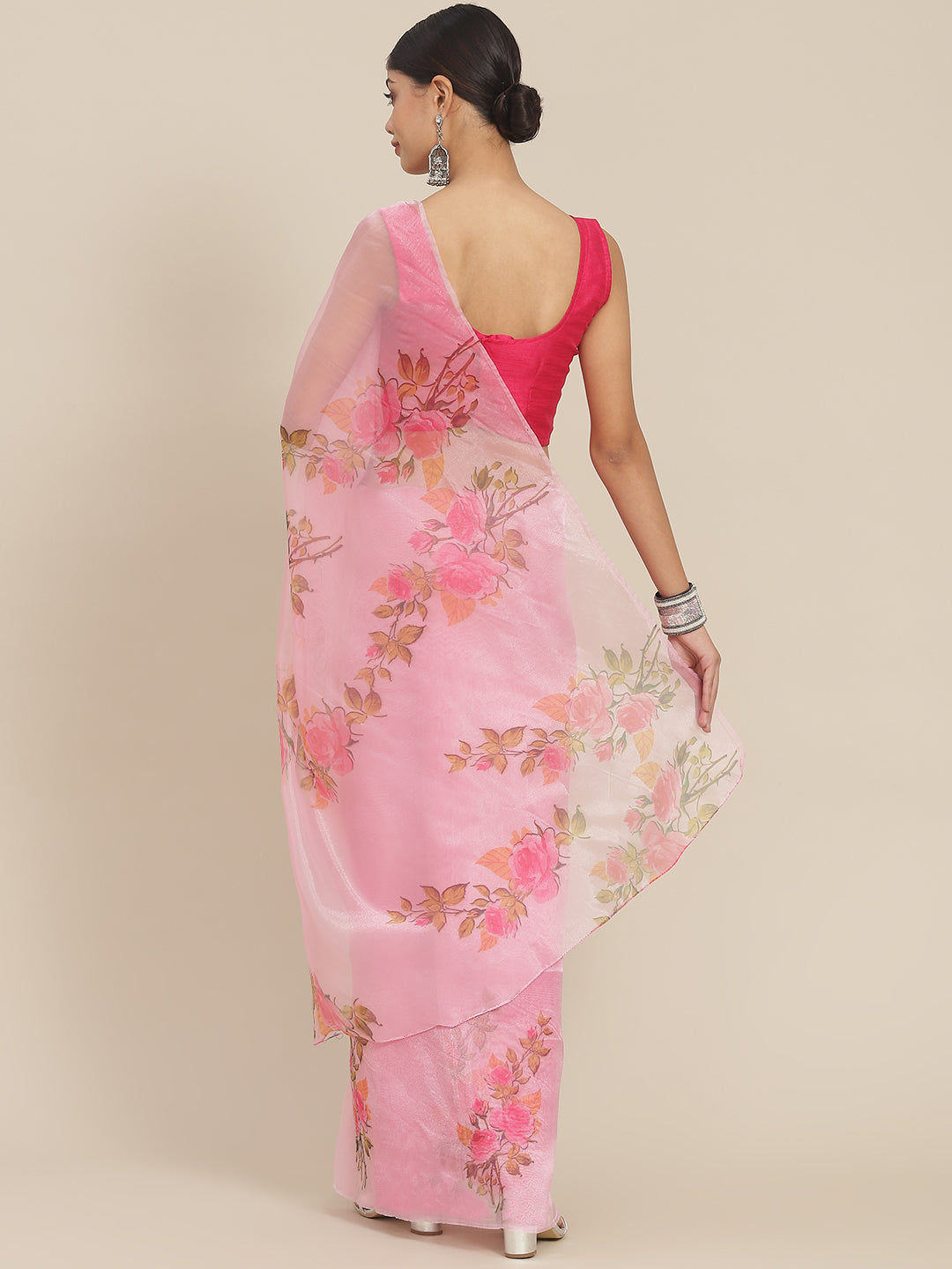 Ishin Women's Organza Pink Printed Saree With Blouse Piece