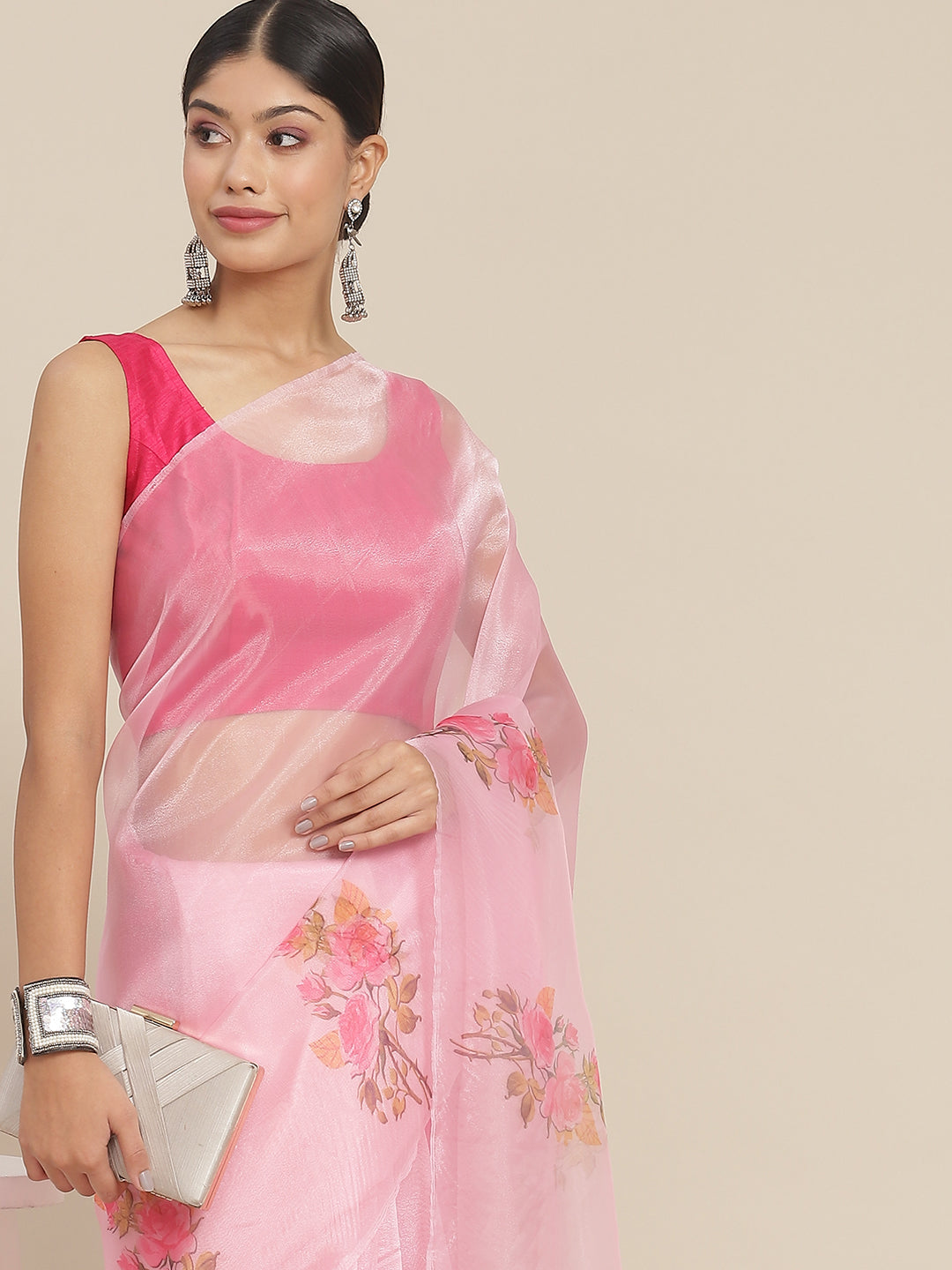 Ishin Women's Organza Pink Printed Saree With Blouse Piece