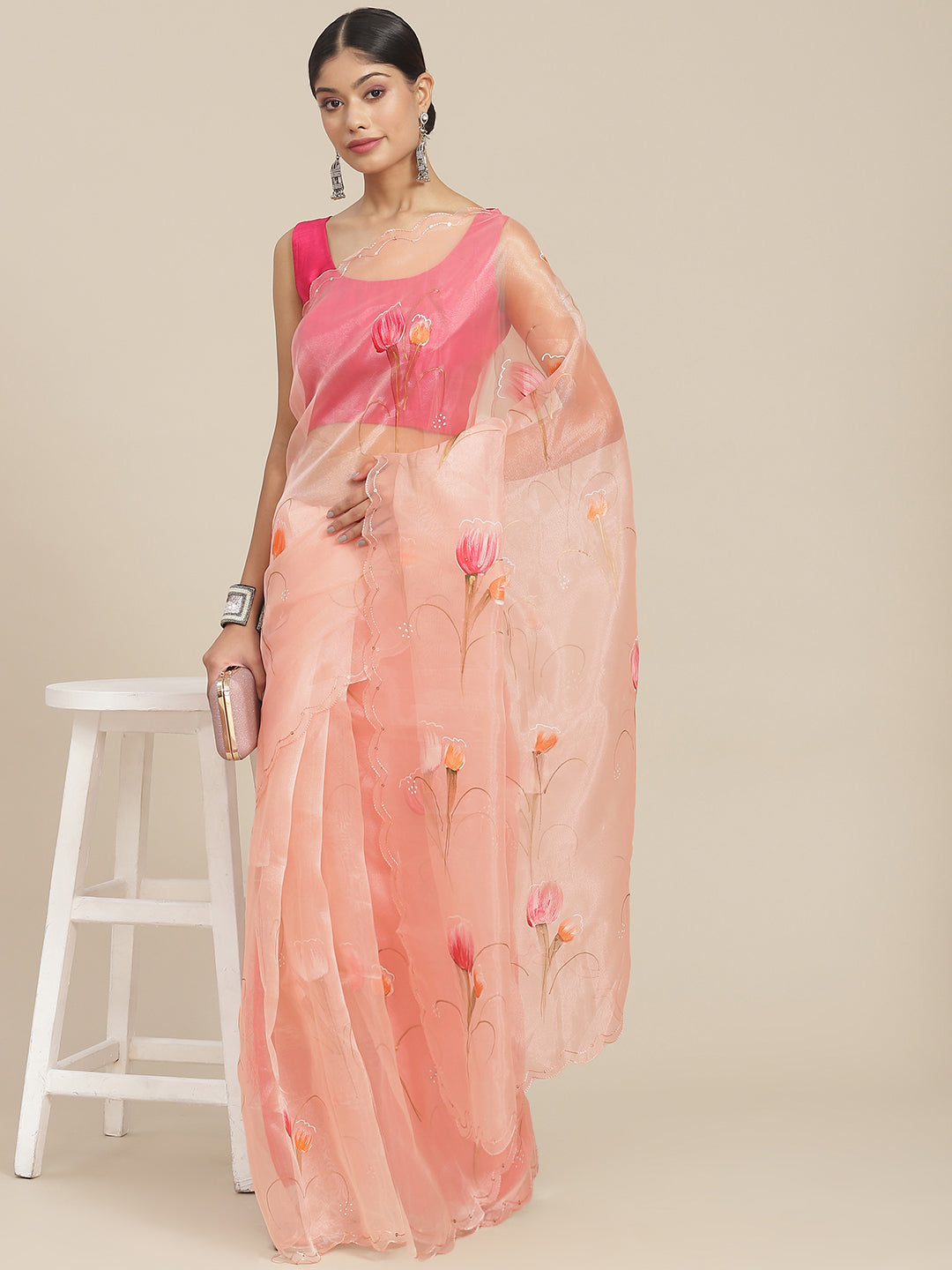 Ishin Women's Organza Peach Printed Saree With Blouse Piece