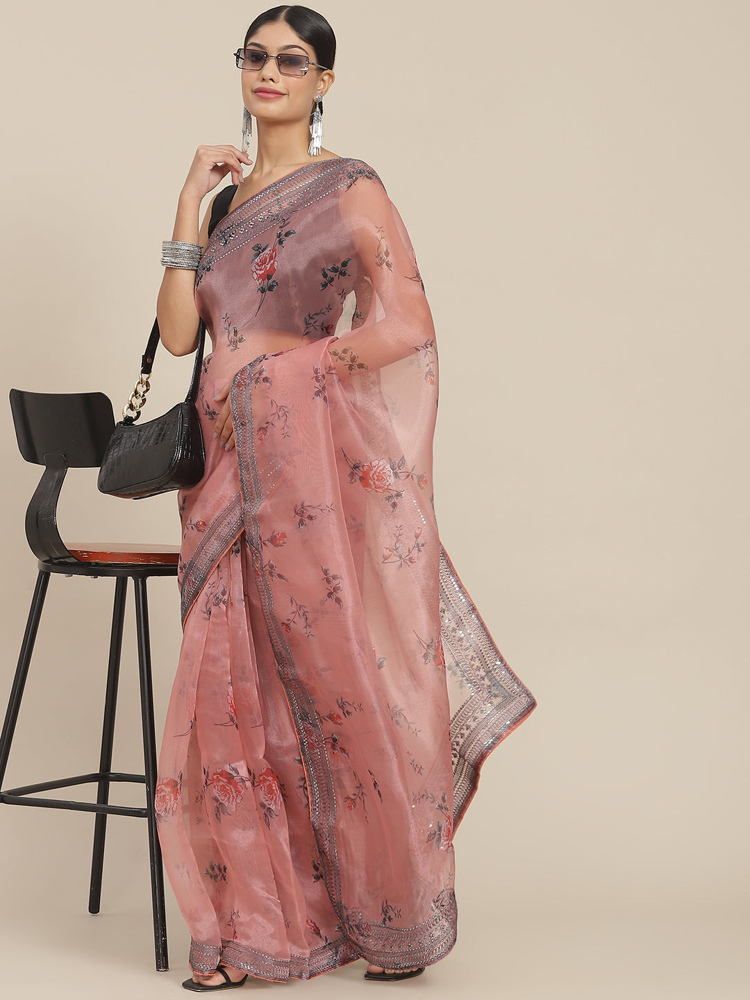 Ishin Women's Organza Peach Printed Saree With Blouse Piece